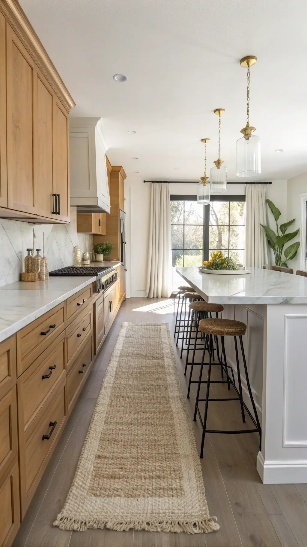 Overhead view of a bright, open-concept kitchen with golden oak cabinets, white walls, marble countertops, black bar stools, and textured jute rug, bathed in a soft light filtered through linen curtains.