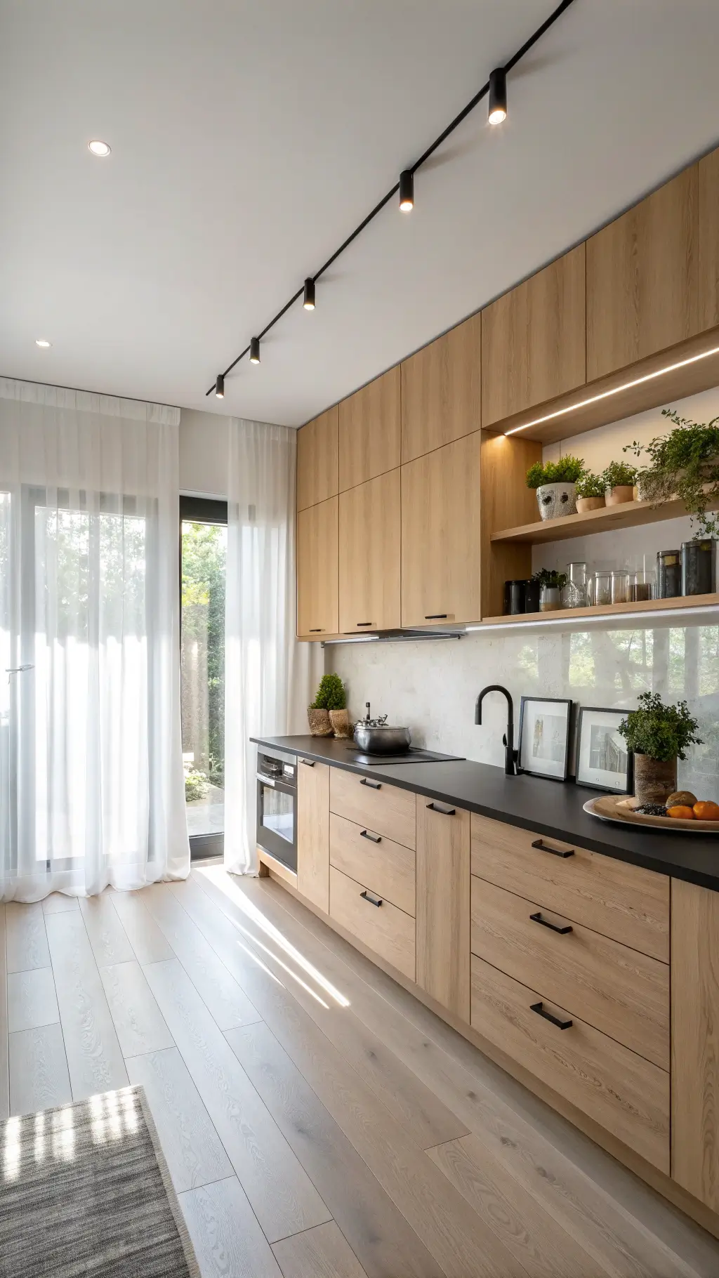 Bright Scandinavian-style fusion kitchen with tall maple cabinets, matte black countertops, floating shelves with ceramics and herbs, and under-cabinet LED lighting.