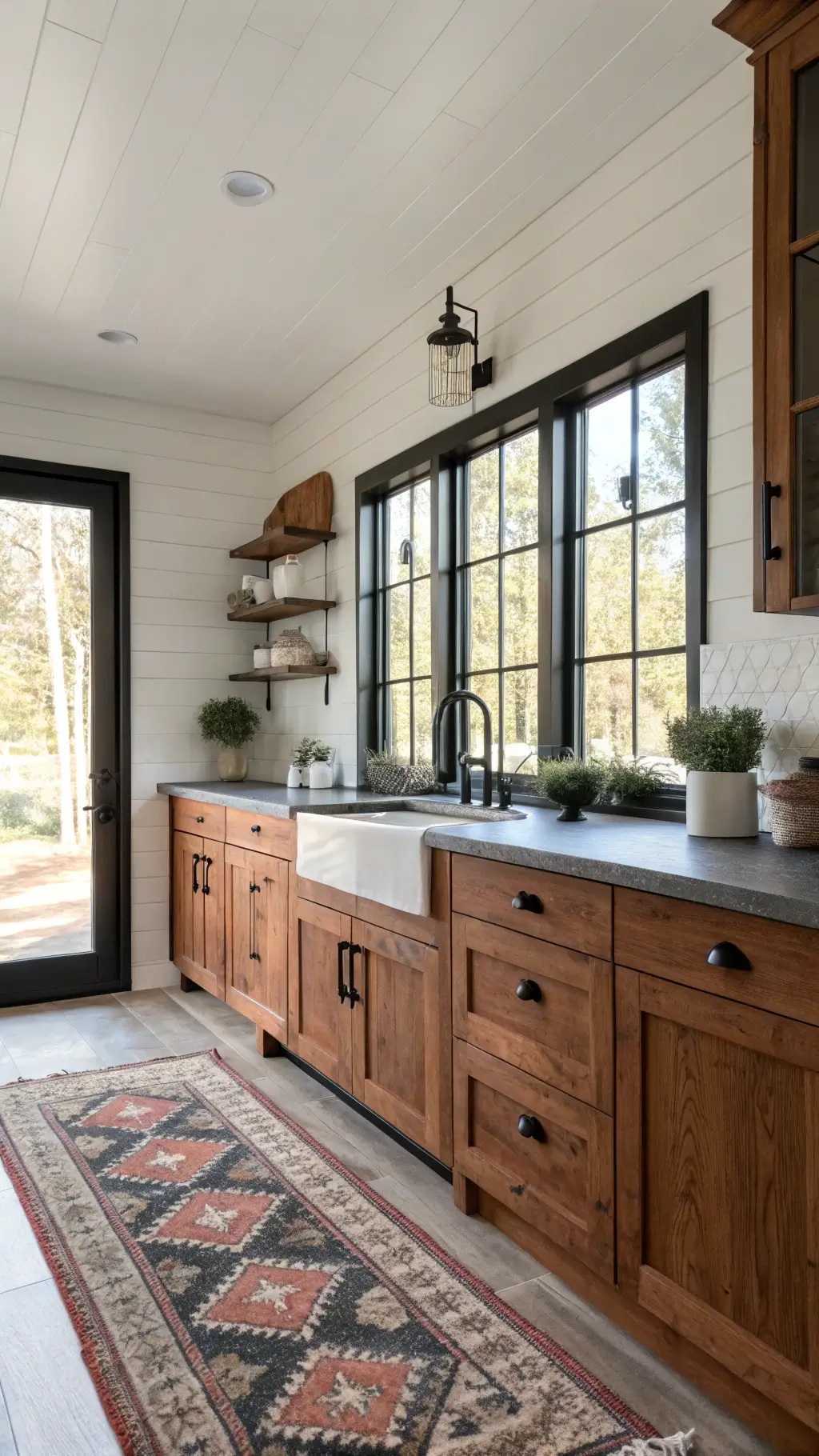 Modern farmhouse kitchen with cherry cabinets, shiplap walls, soapstone countertops, and afternoon sunlight streaming through black-framed windows