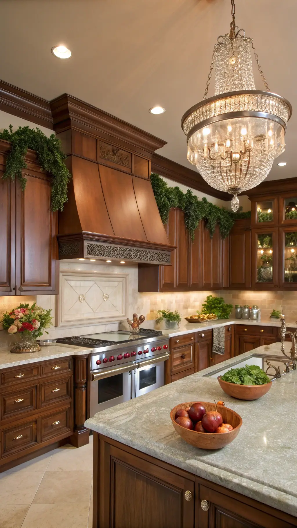 Luxurious chef's kitchen featuring cherry cabinets, crystal chandelier, copper cookware on ceiling rack, as viewed from island, styled with fresh produce and ivy plants.