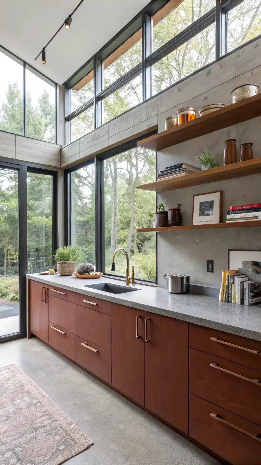 Bright open-concept kitchen with minimalist cherry cabinets, concrete countertops, brass fixtures, and curated ceramics on floating shelves, highlighted by natural and LED lights