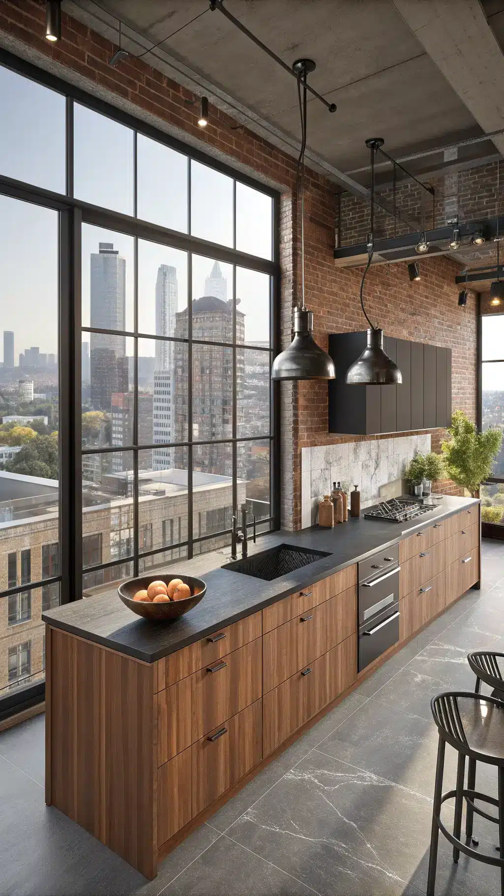 High angle view of an urban loft kitchen with cherry cabinets, black steel windows with city view, honed granite counters, modern pendant lights, fruit bowl, and black stoneware collection