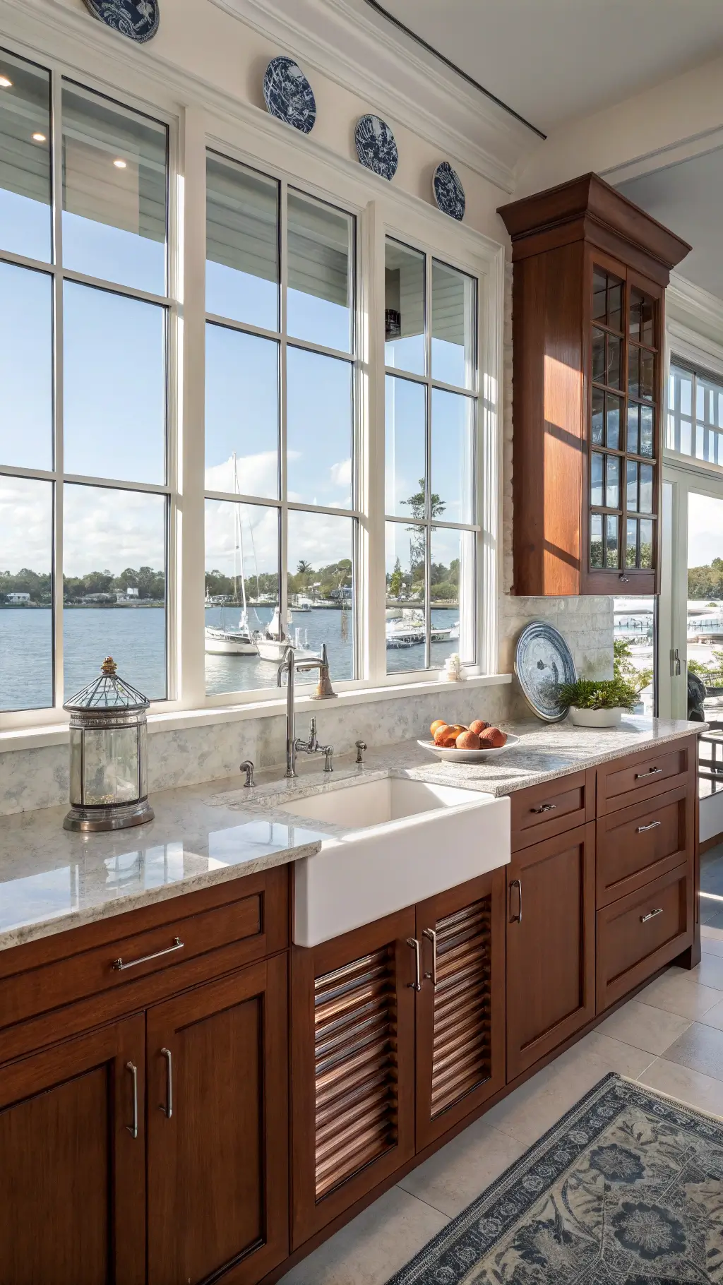 Coastal kitchen with cherry cabinets, louvered panels, white shell stone counters, polished nickel hardware, nautical decorations, bathed in morning light with water view from wall of windows.