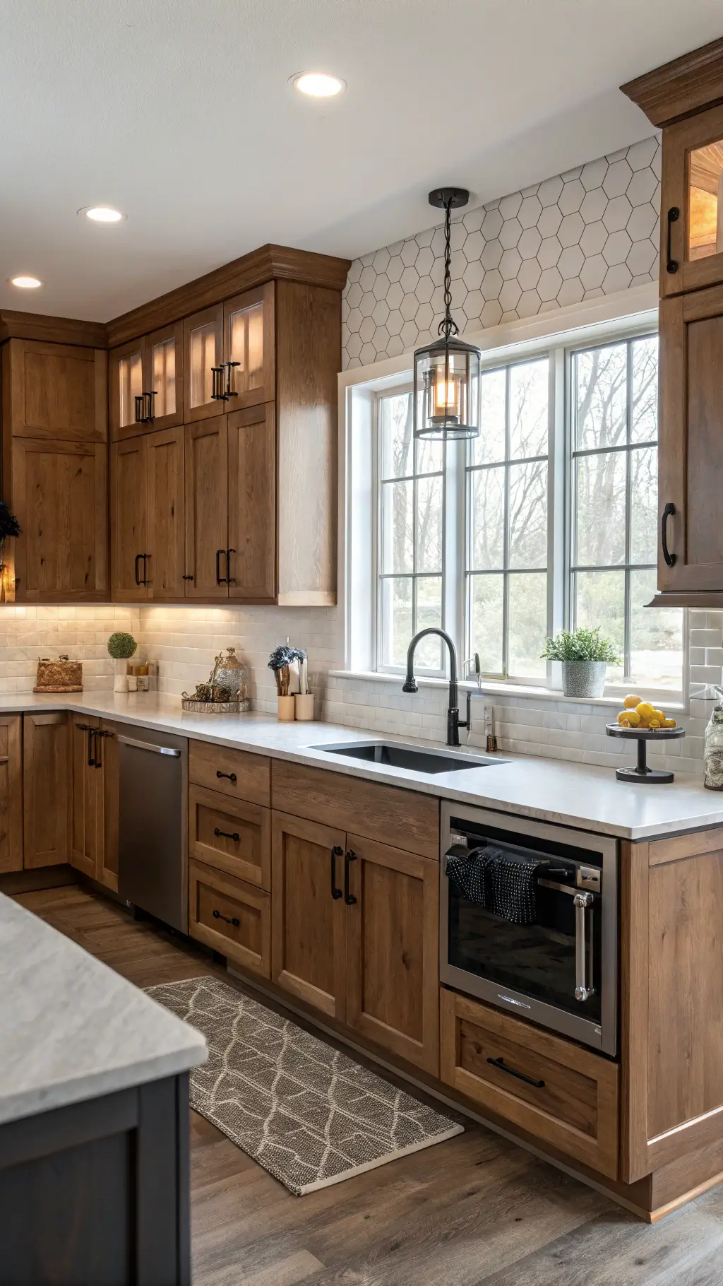 Two-tone alder kitchen cabinets in natural and deep walnut finish, with black hardware, grey quartz counters, marble backsplash, and modern styling in soft afternoon light.