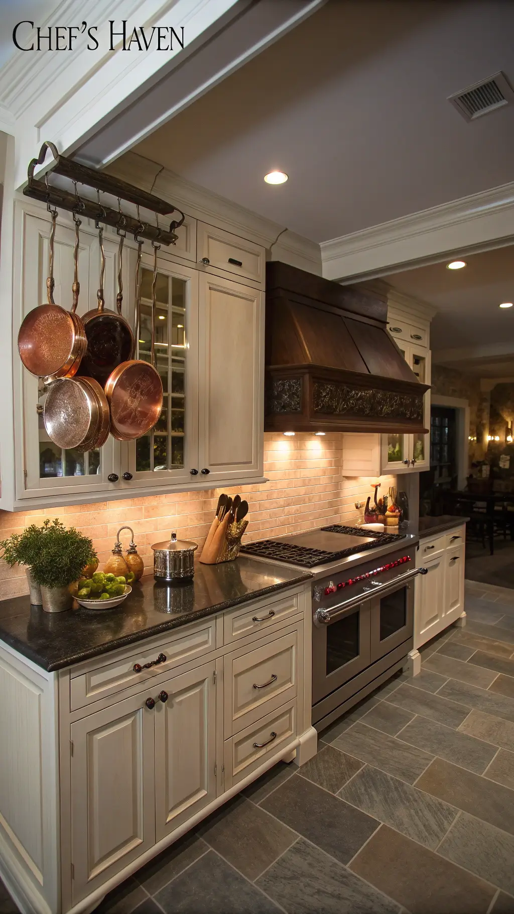 Professional-grade kitchen with taupe cabinets, dark soapstone counters, stainless steel appliances, and hanging copper cookware under evening ambient lighting, shot from an elevated position emphasizing the workflow triangle using Nikon 35mm for a moody atmosphere.