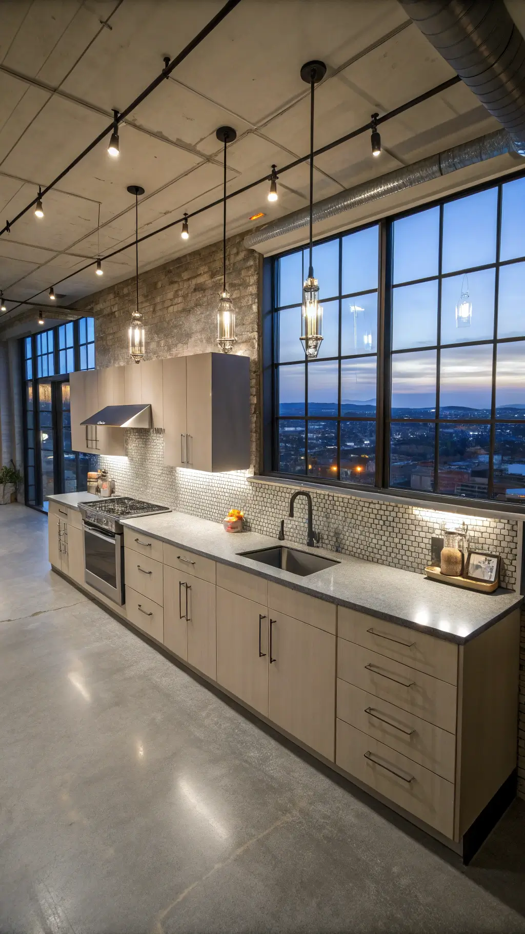 Modern loft kitchen with light taupe cabinets, polished concrete counters, metallic mosaic backsplash, and Edison bulb lighting shot from an elevated perspective during blue hour.