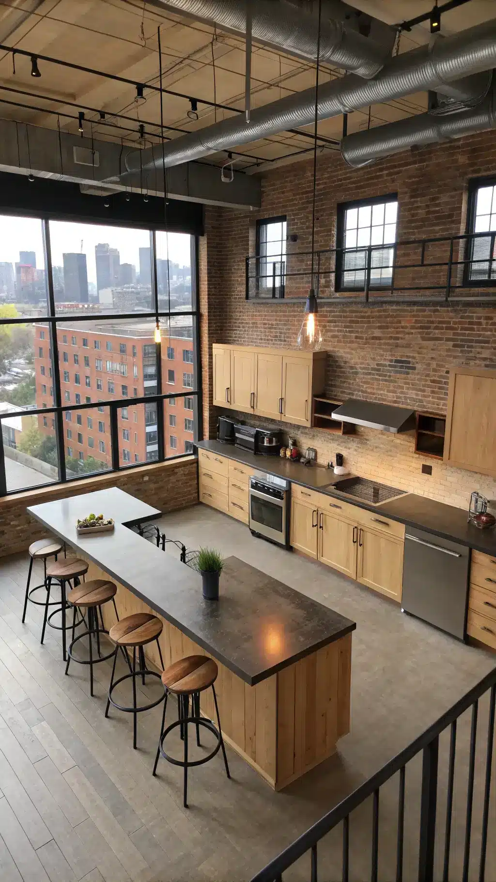 Overhead view of a 20x20ft Industrial Maple Loft with open kitchen, exposed brick walls, maple cabinets, blackened steel open shelving, Edison bulb lighting, concrete counters and vintage factory stools at the breakfast bar with downtown city views.
