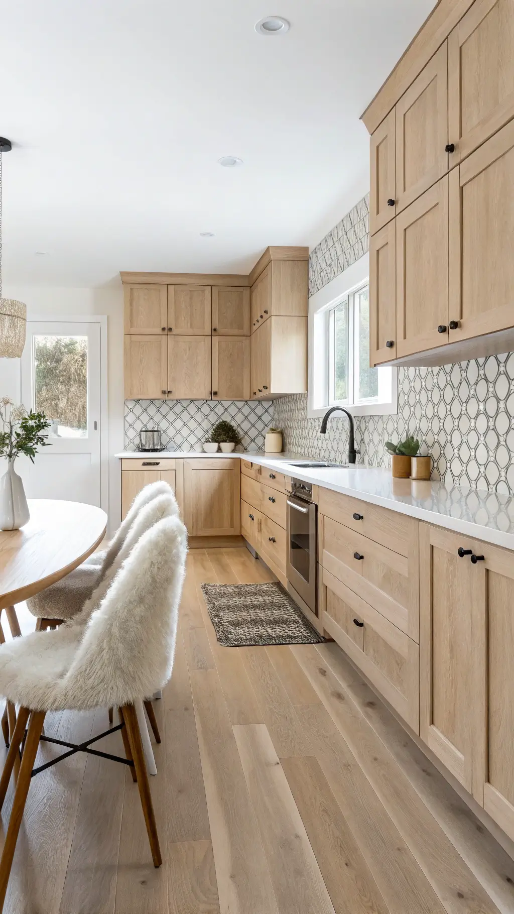 Bright 16x14ft Scandinavian kitchen with northern light exposure, pale maple cabinets, white walls, geometric tile backsplash, wide plank pale oak floors, and sheepskin draped chairs.