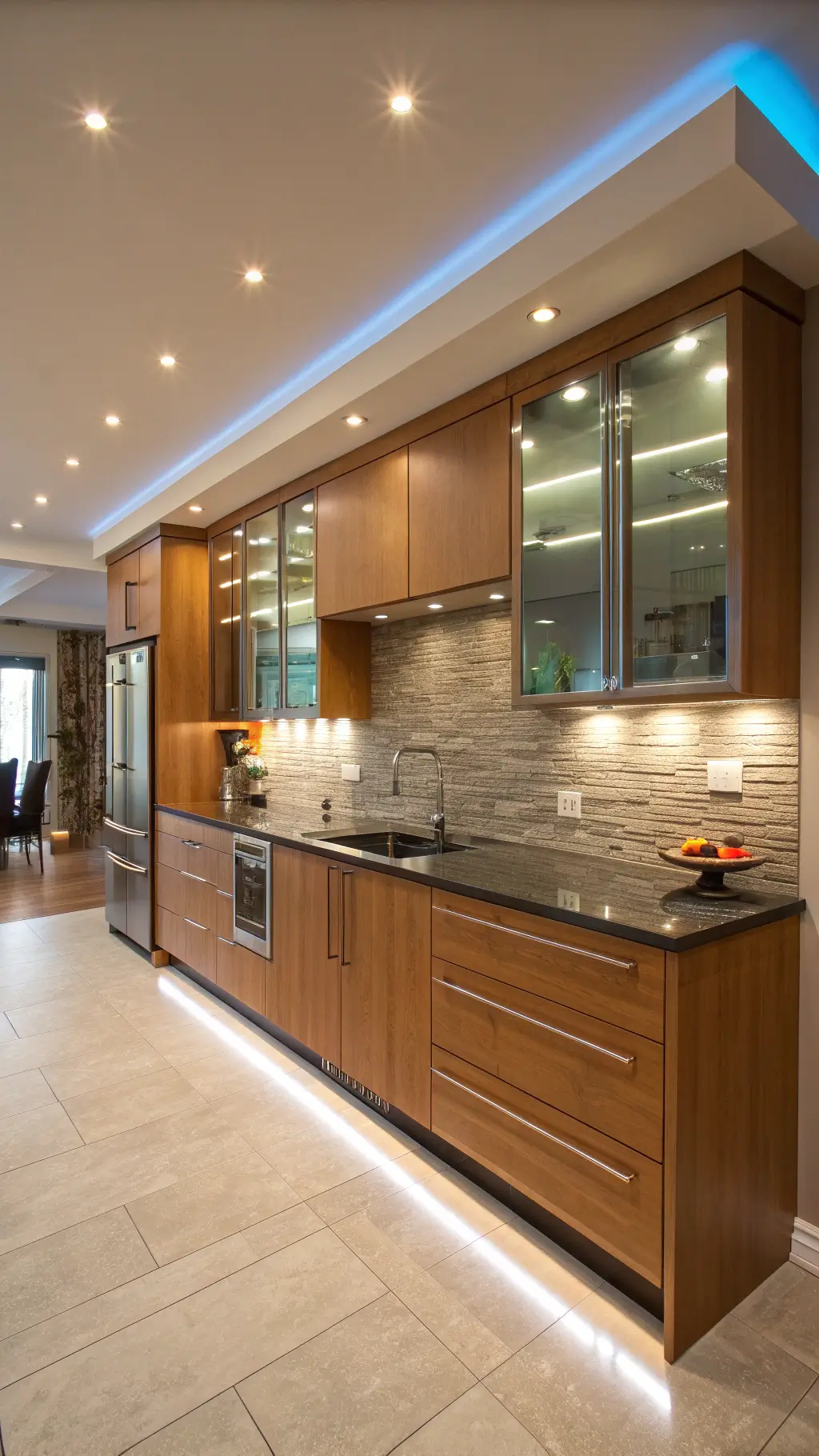 Modern 16x18ft kitchen with maple cabinets, metallic glass backsplash, floating breakfast bar, and LED lighting seen through adjacent living room.