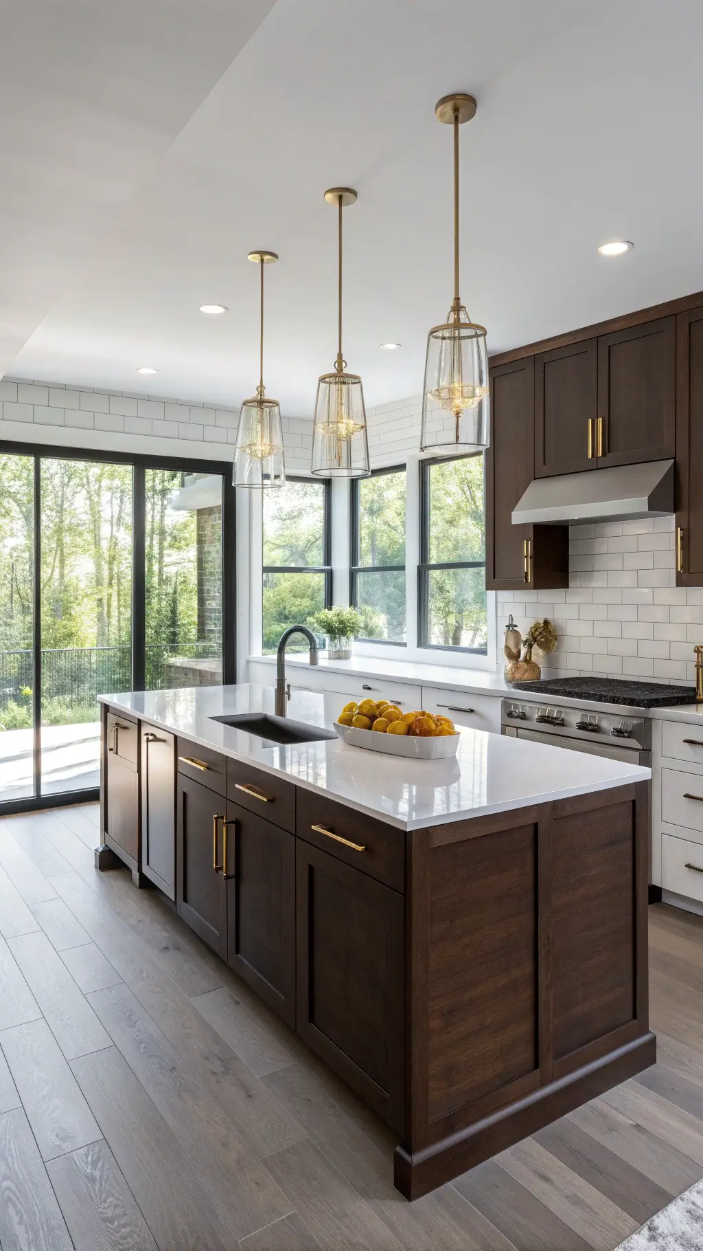 Modern kitchen with morning light streaming through floor-to-ceiling windows, featuring espresso-stained shaker cabinets, a white quartz waterfall island, amber glass pendants, white subway tile backsplash, and wide-plank white oak floors.