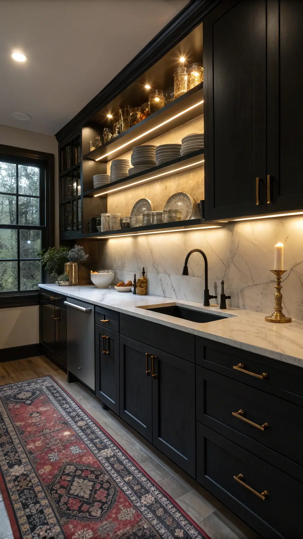 Dramatic evening kitchen scene, featuring midnight black cabinets, illuminated floating shelves, Carrara marble counters, matte black features, and a vintage Persian rug in artificial golden hour lighting.