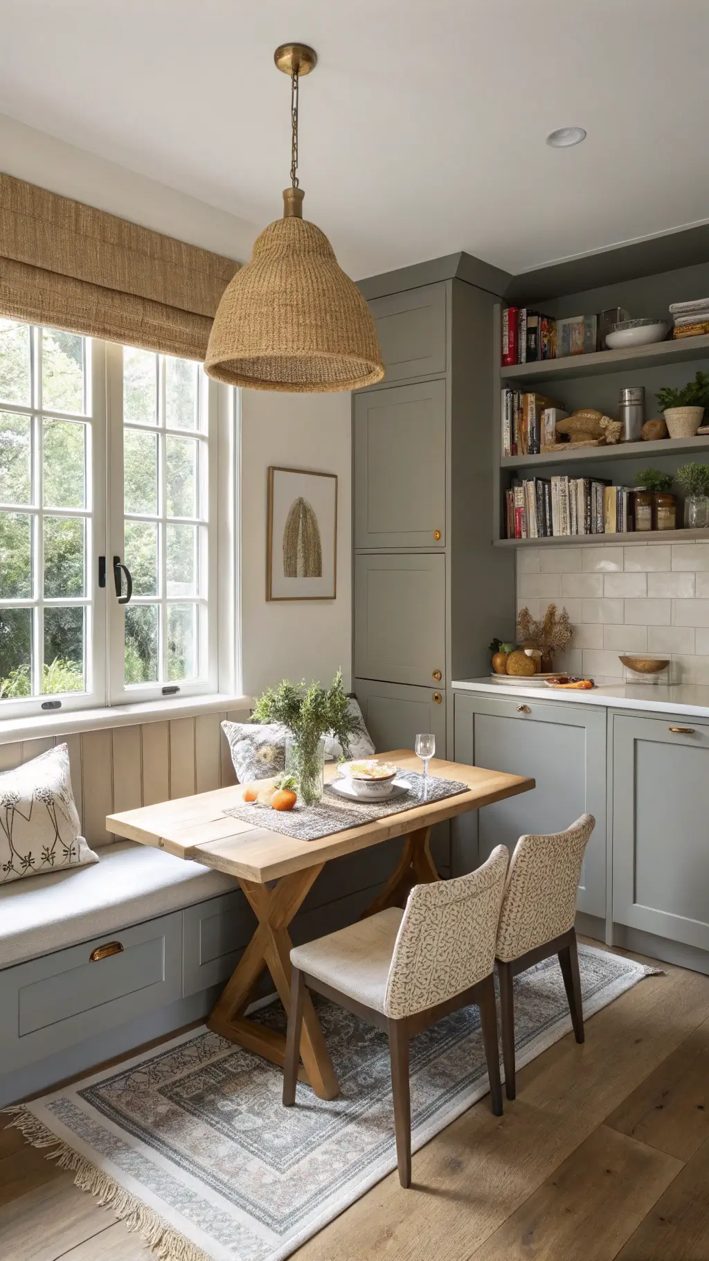 Overhead view of a sunlit breakfast nook with grey kitchen cabinets, cream leather banquette, brass pendant with rattan shade, light oak table with linen runner and earthenware vessels, and floating shelves with cookbooks and copper accents.