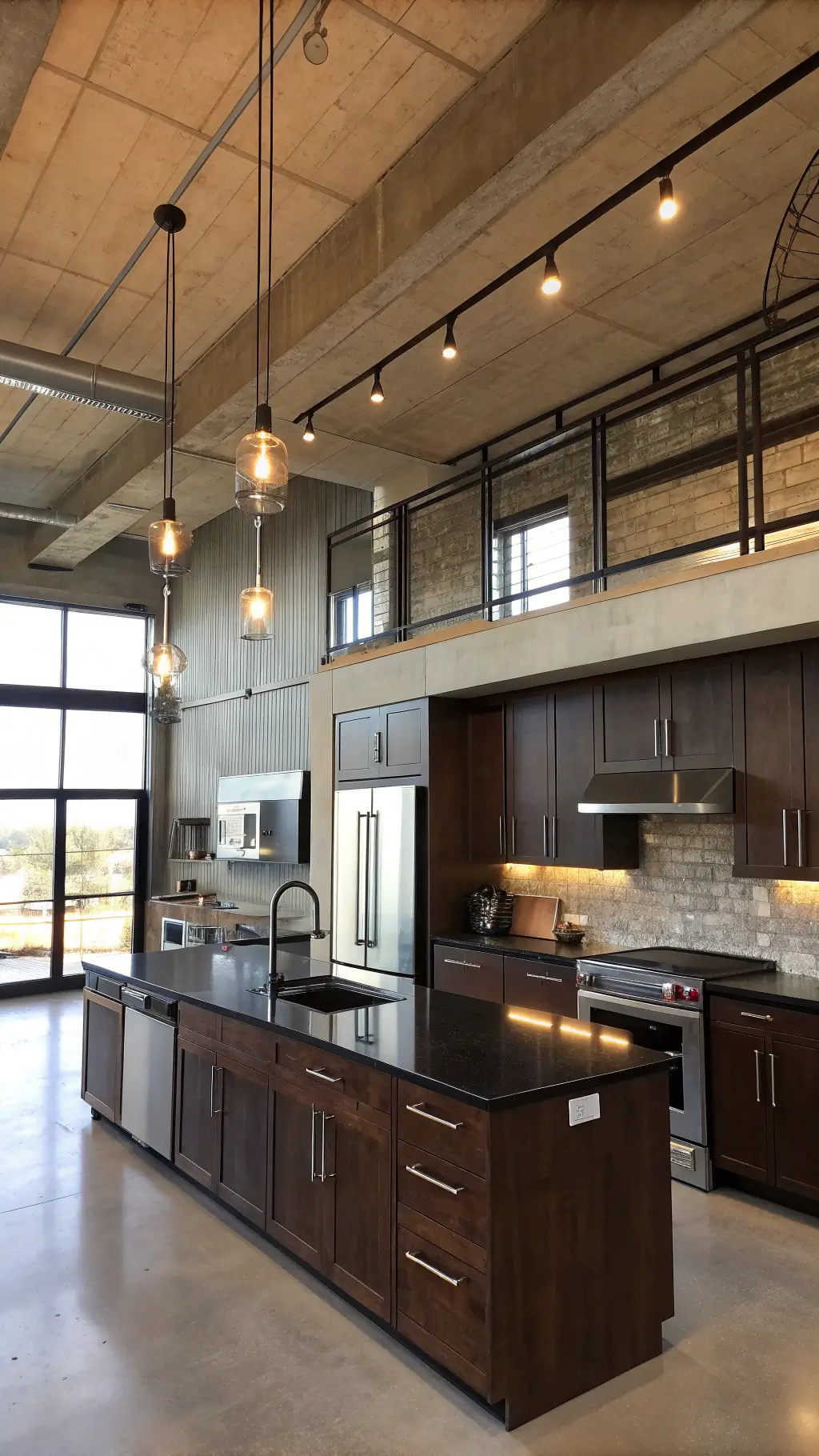 Industrial-chic kitchen with espresso-stained cabinets, stainless steel appliances, black granite countertops, and an Edison bulb chandelier under a concrete ceiling captured at a Dutch angle in afternoon light.