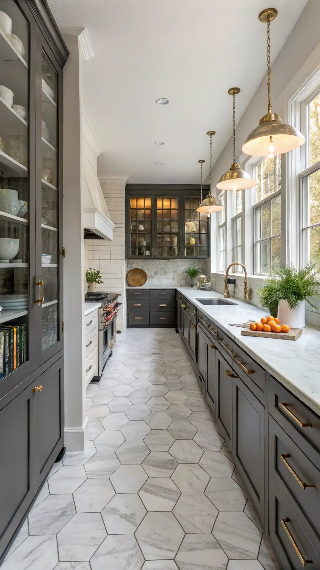 Transitional galley kitchen with charcoal-stained cabinets, white marble hexagon floor tiles, brass library lights, honed soapstone counters, and terracotta pots with fresh herbs in soft morning light.