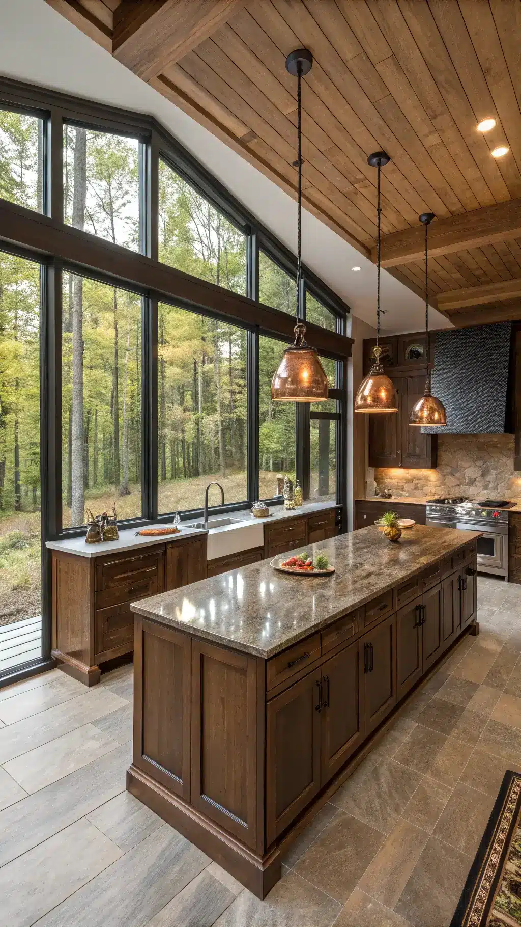 Contemporary open-concept kitchen with walnut-stained cabinets, leathered granite islands, smoky mirror backsplash, and black steel window frames overlooking a forest, captured from an elevated view with warm golden hour lighting.