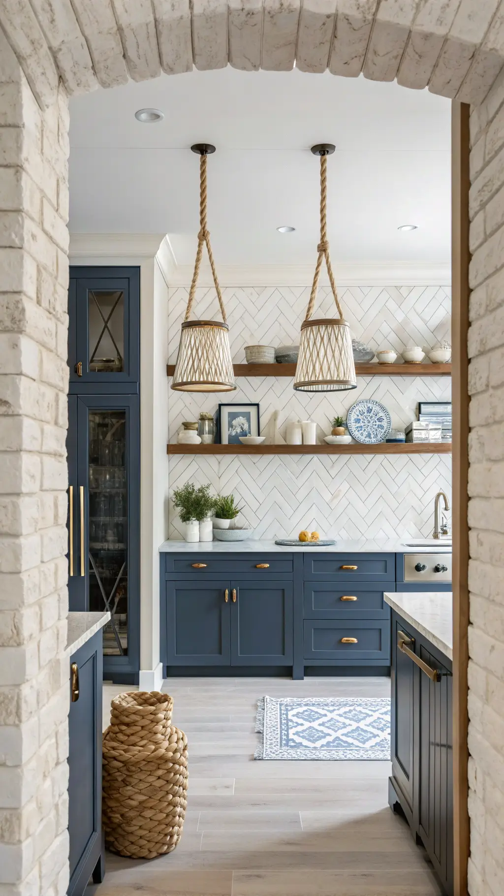 Modern coastal kitchen featuring navy-stained cabinets, whitewashed brick walls, rope pendant lights, bleached oak floating shelves with chinoiserie, and a marble herringbone backsplash with a bright seaside ambiance