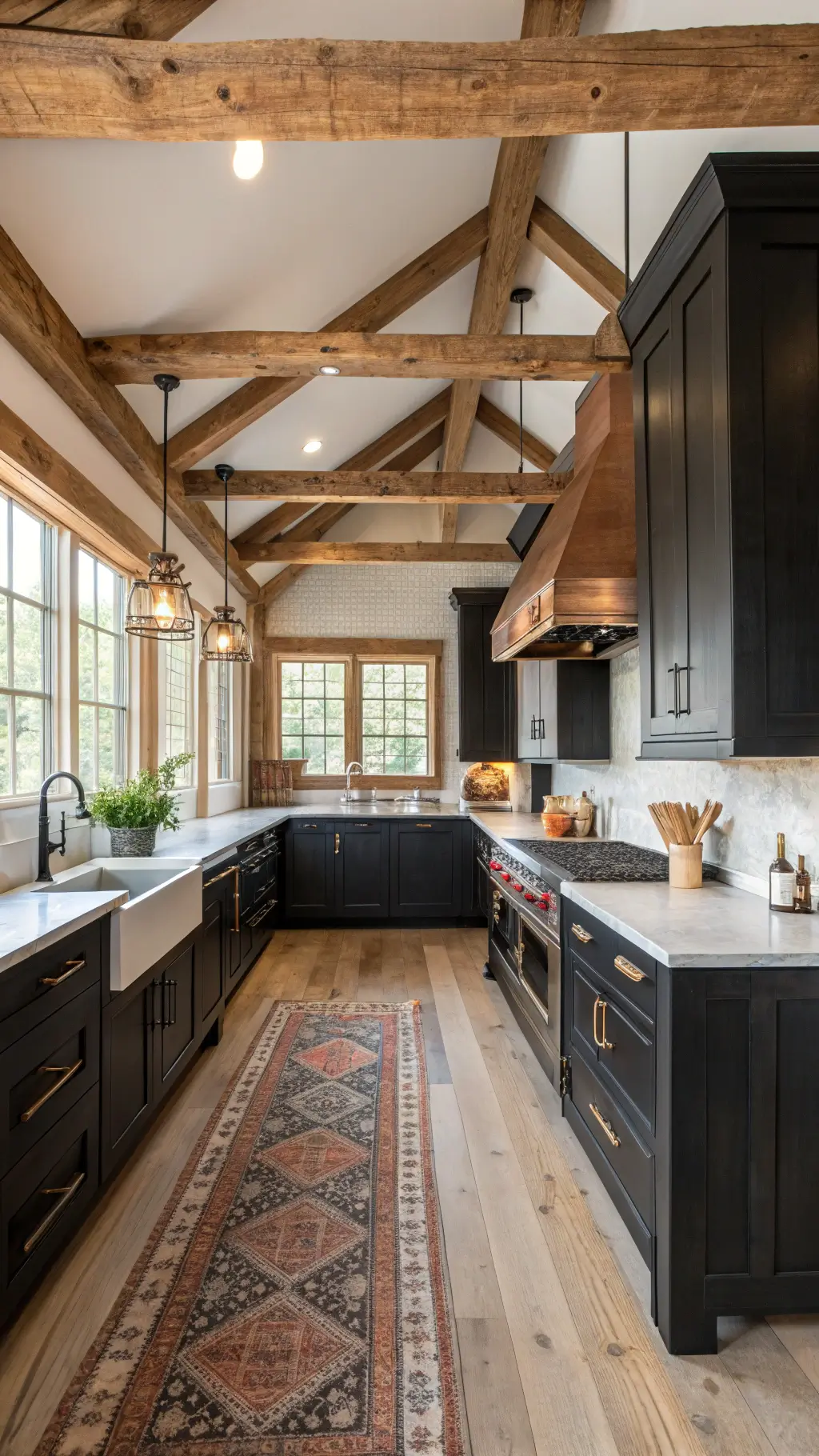 Luxurious farmhouse kitchen with black-stained beadboard cabinets, exposed wooden beams, soapstone counters, vintage rug, and a patinated copper range hood under natural light.