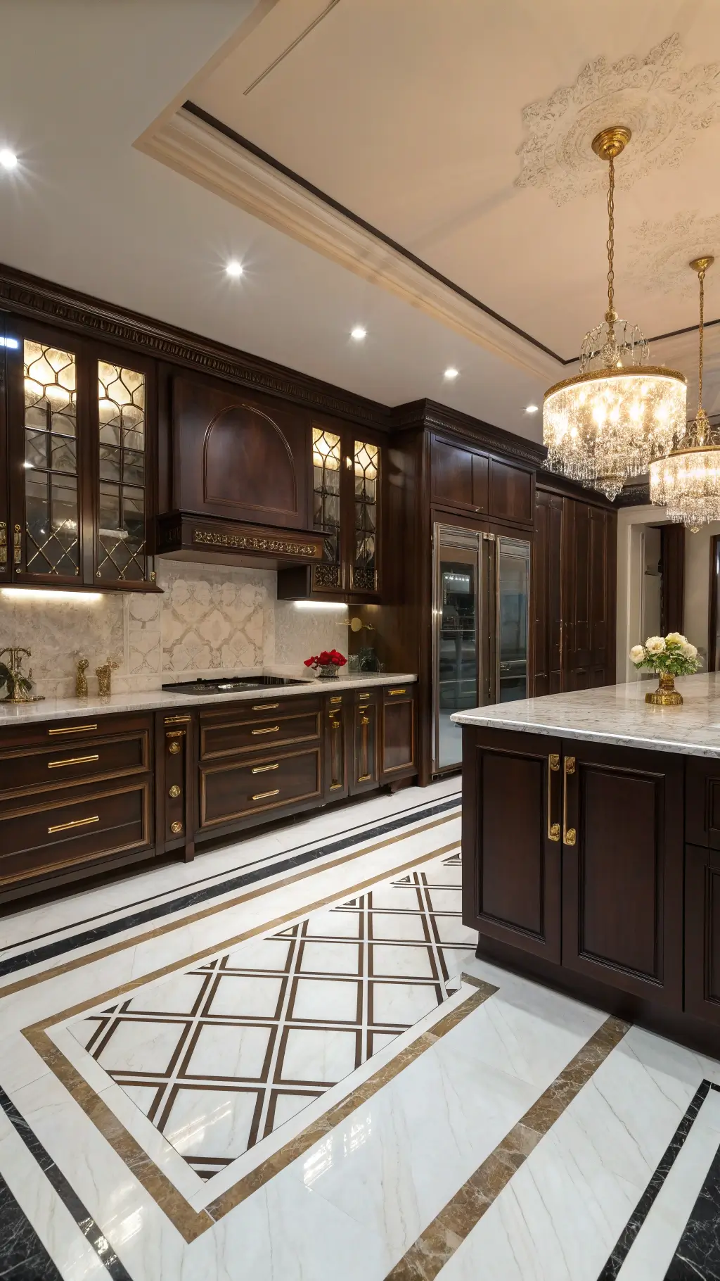 Luxe art deco style kitchen with mahogany cabinets, brass frames, antique mirrored backsplash, geometric marble flooring, and a crystal chandelier over the island, in dramatic evening lighting