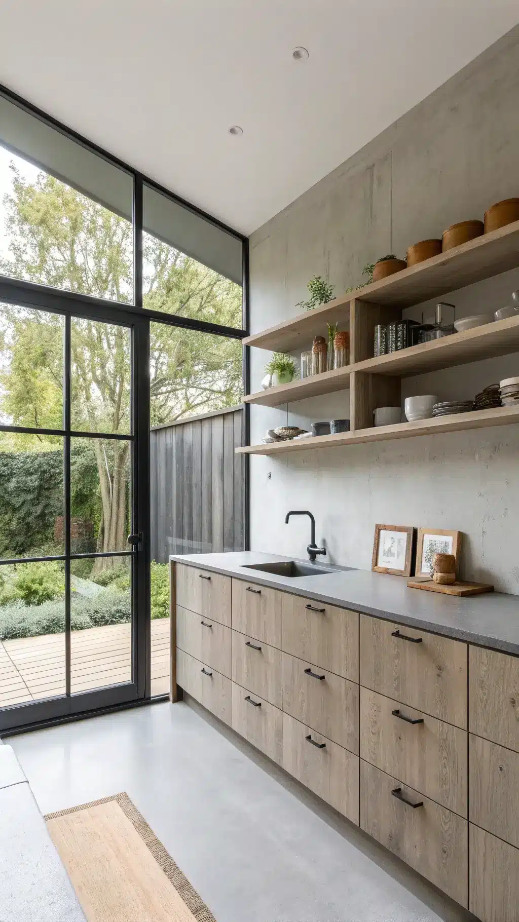 Minimalist Scandinavian kitchen with deep grey cabinets, open blonde wood shelving, concrete counters, and black metal-framed windows overlooking geometric garden.