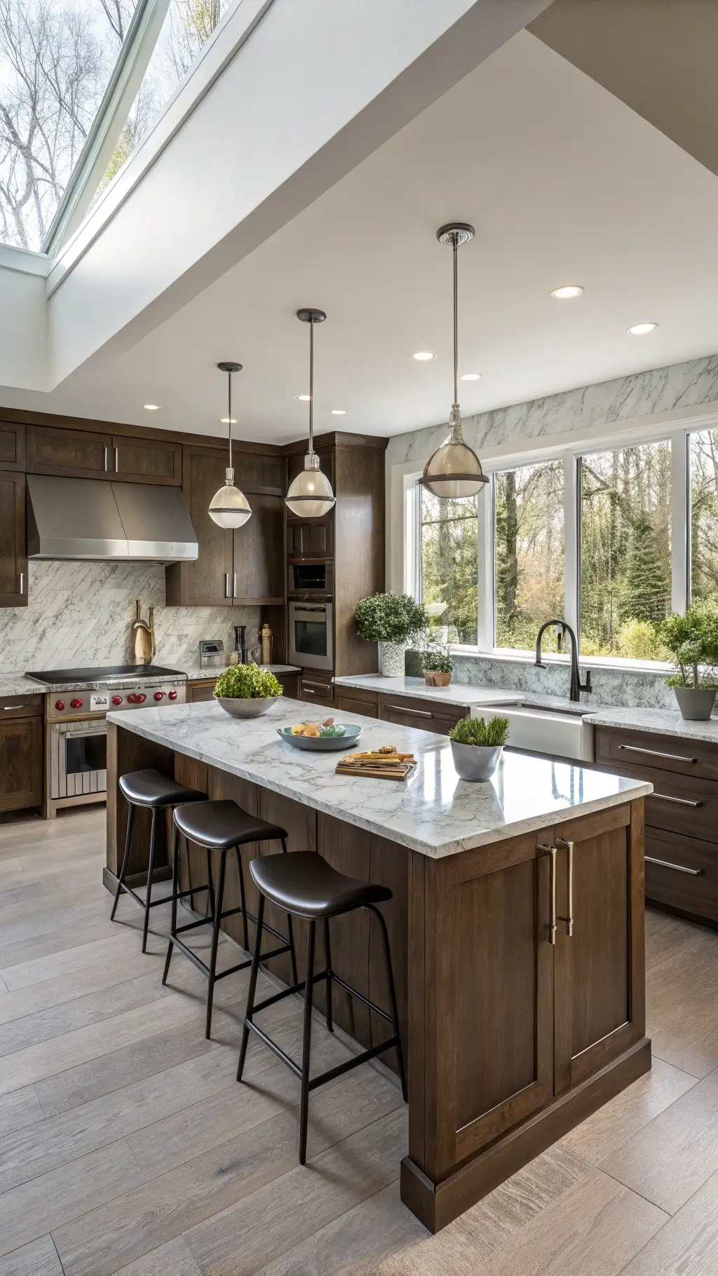 Spacious sunlit contemporary kitchen with dark oak cabinets, stainless appliances, marble backsplash, and quartz island featuring barstools, adorned with potted herbs and ceramic bowls, illuminated by natural light and recessed spots.