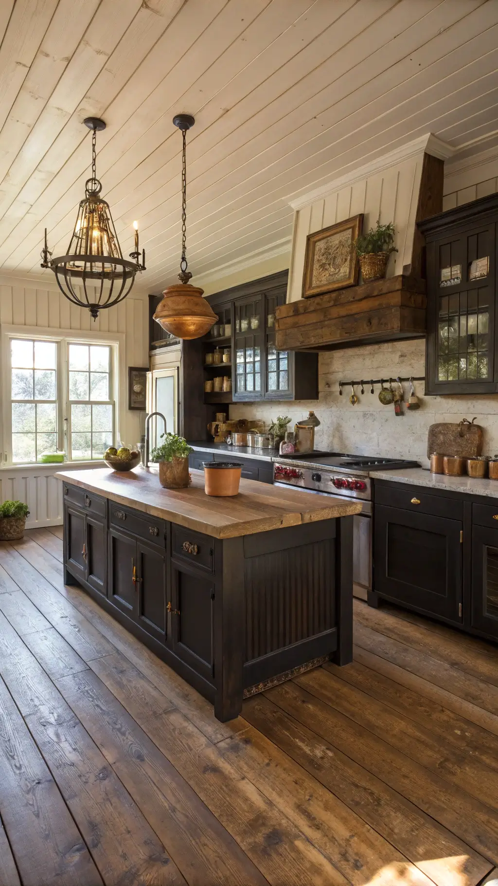 Spacious farmhouse-modern kitchen with dark oak cabinets, shiplap ceiling, butcher block island with vintage enamelware, pine floors, styled with copper pots and earthenware, bathed in afternoon light.