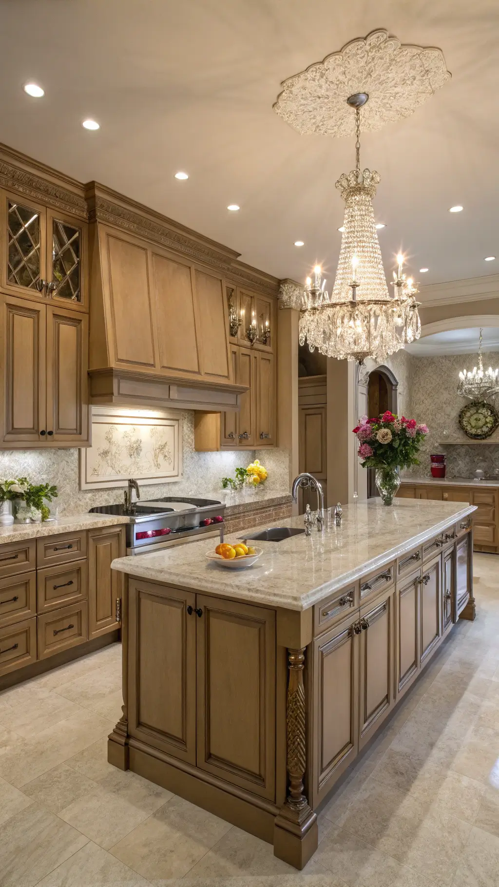 Elegant kitchen with golden hour light, raised-panel brown cabinets, crystal chandelier, polished nickel hardware, marble counters and backsplash, styled with silver serving pieces and fresh flowers.