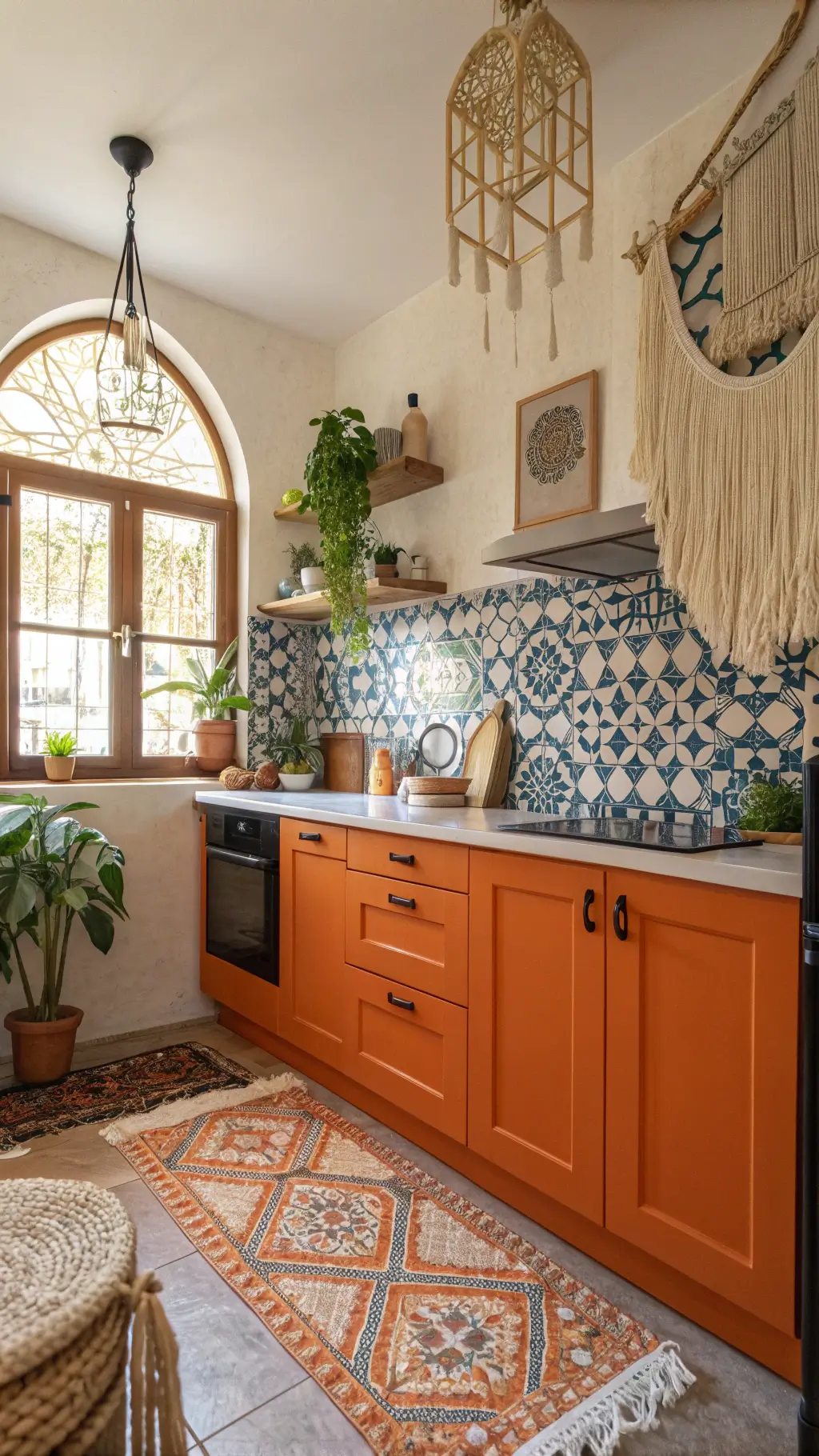 Eclectic Bohemian kitchen with mandarin orange cabinets, Moroccan tile backsplash, macramé plant hangers, vintage rugs, and golden hour light through a stained glass window.