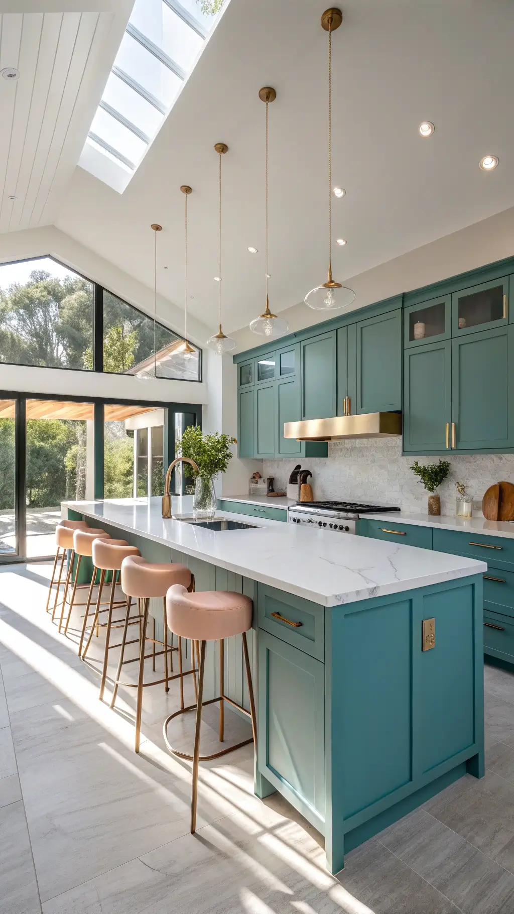 Modern 12x15ft kitchen with high ceilings, matte turquoise cabinets, white quartz countertops, brass hardware, a huge marble island, vintage vases, and mid-century barstools, highlighted by golden hour light from floor-to-ceiling windows.