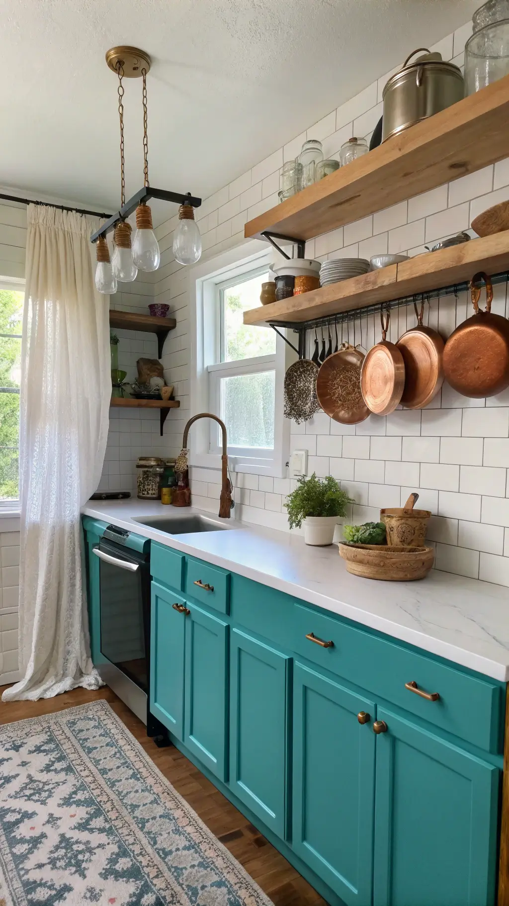Vibrant turquoise kitchen cabinets in a cozy, traditional kitchen with rustic accents, illuminated by soft morning light filtering through cafe curtains.