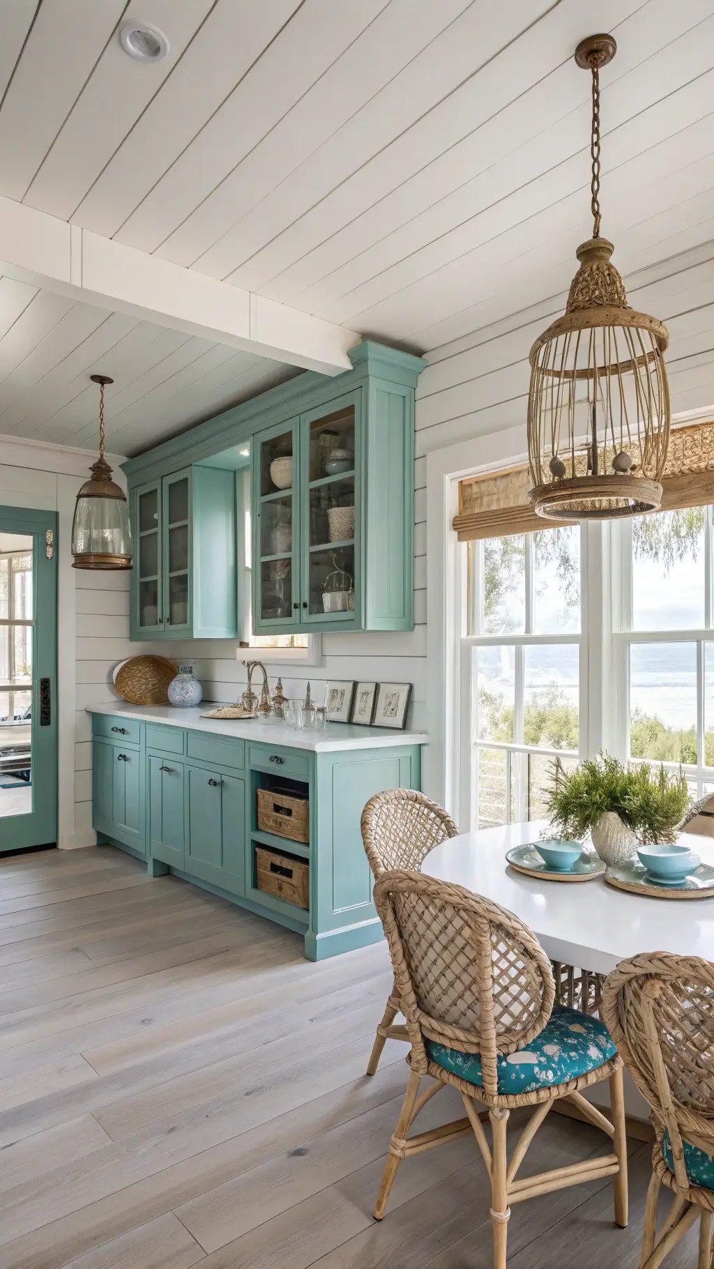 Elevated view of a coastal-inspired kitchen with turquoise cabinets, shiplap walls, rope pendant lights, white oak flooring, bay window breakfast nook with rattan chairs and whitewashed table with indigo linens, and seaglass collection on open shelving