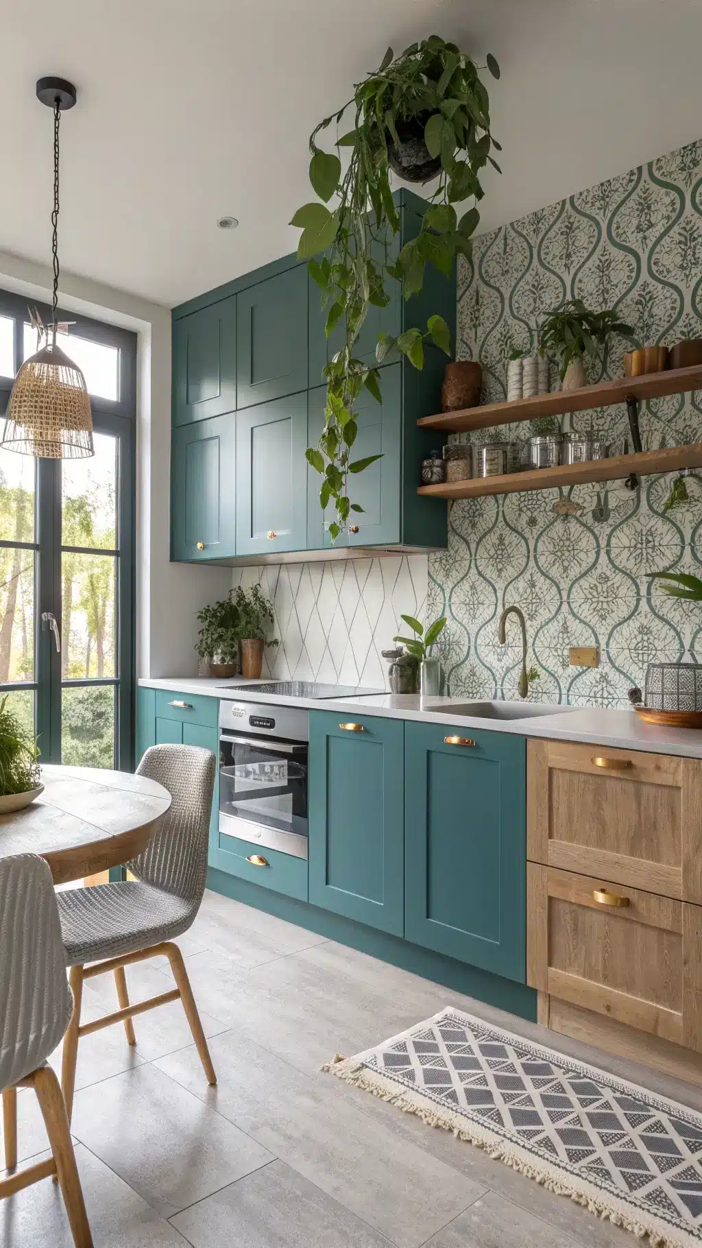 Bohemian kitchen with turquoise floor-to-ceiling cabinets, Moroccan tile backsplash, macramé plant hangers, mixed metal fixtures and moody afternoon lighting.