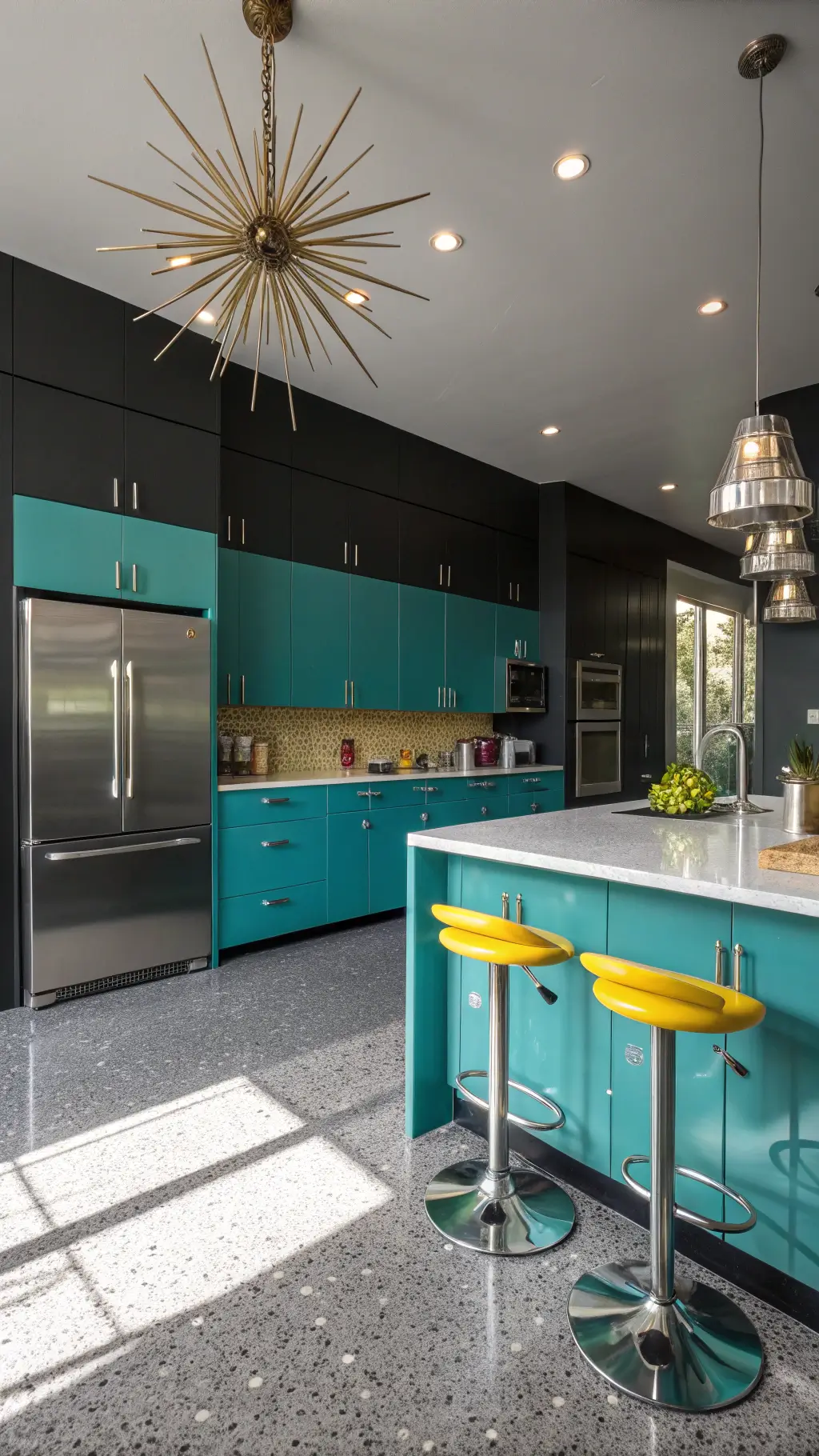 Retro-style kitchen with high-gloss turquoise cabinets, charcoal walls, starburst chandelier, terrazzo flooring, chrome appliances, and yellow bar stools