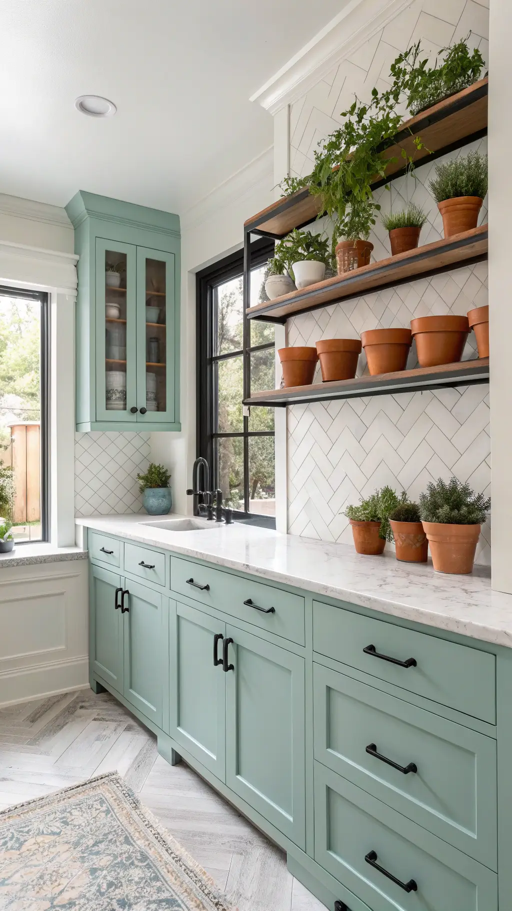 Bright modern farmhouse kitchen with turquoise cabinets, white marble herringbone backsplash, vintage pewter collections on open shelves, terracotta pots with herbs on windowsill, and white crown molding detail