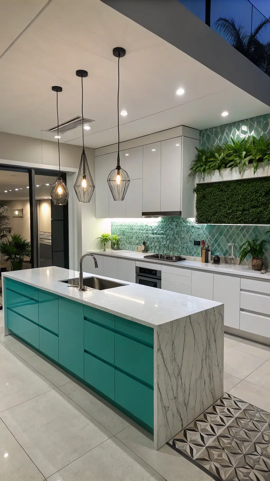 Overhead view of a contemporary 15x18ft kitchen featuring turquoise and white cabinets, quartz island with LED underlighting, minimalist pendant lights, and a vertical garden wall under evening spotlights.