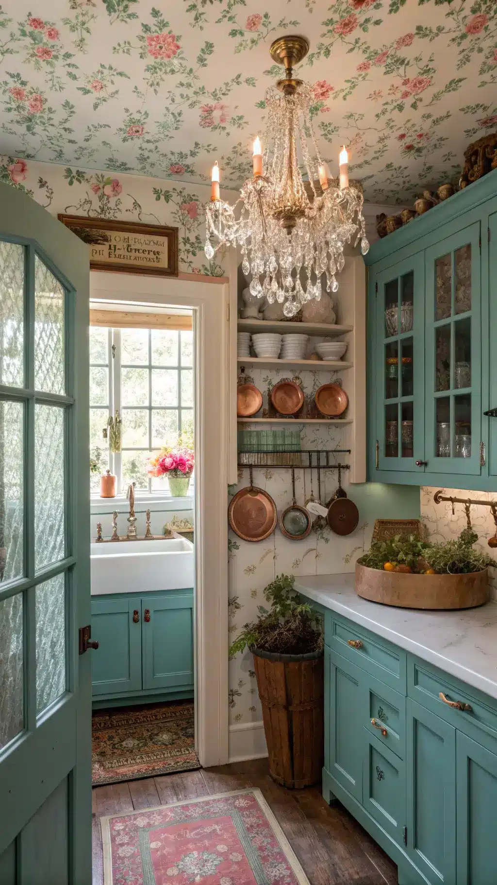 Eclectic cottage kitchen featuring turquoise distressed cabinets, floral wallpaper ceiling, a crystal chandelier over vintage farmhouse sink, and mixed china in glass-front uppers; copper pots and dried herbs hanging from a pot rack under soft, romantic chandelier lighting captured through a framed doorway.