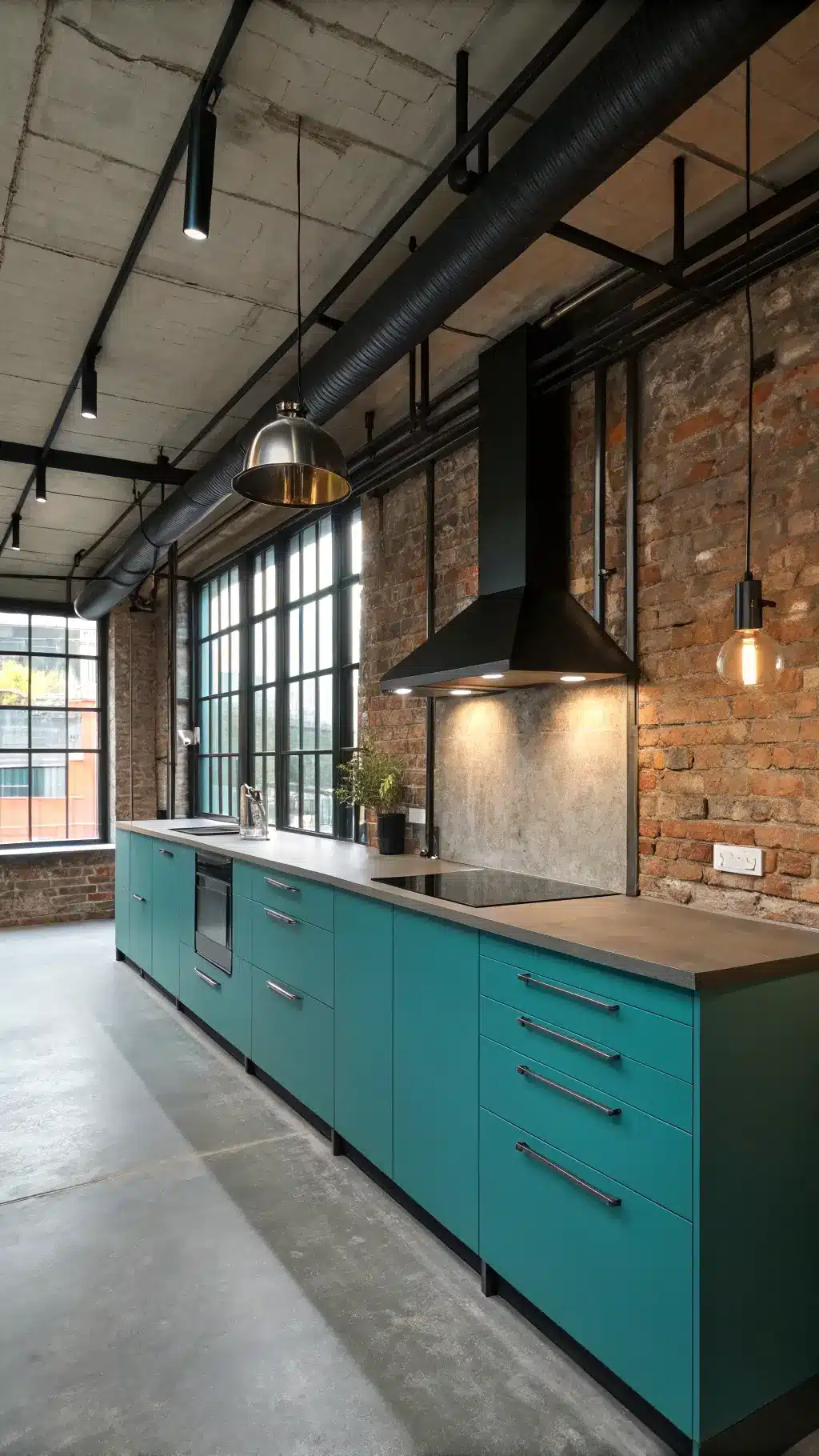 Industrial-chic kitchen with turquoise cabinets, exposed brick walls, black steel-framed windows, concrete countertops, wood breakfast bar, and Edison bulb lighting.