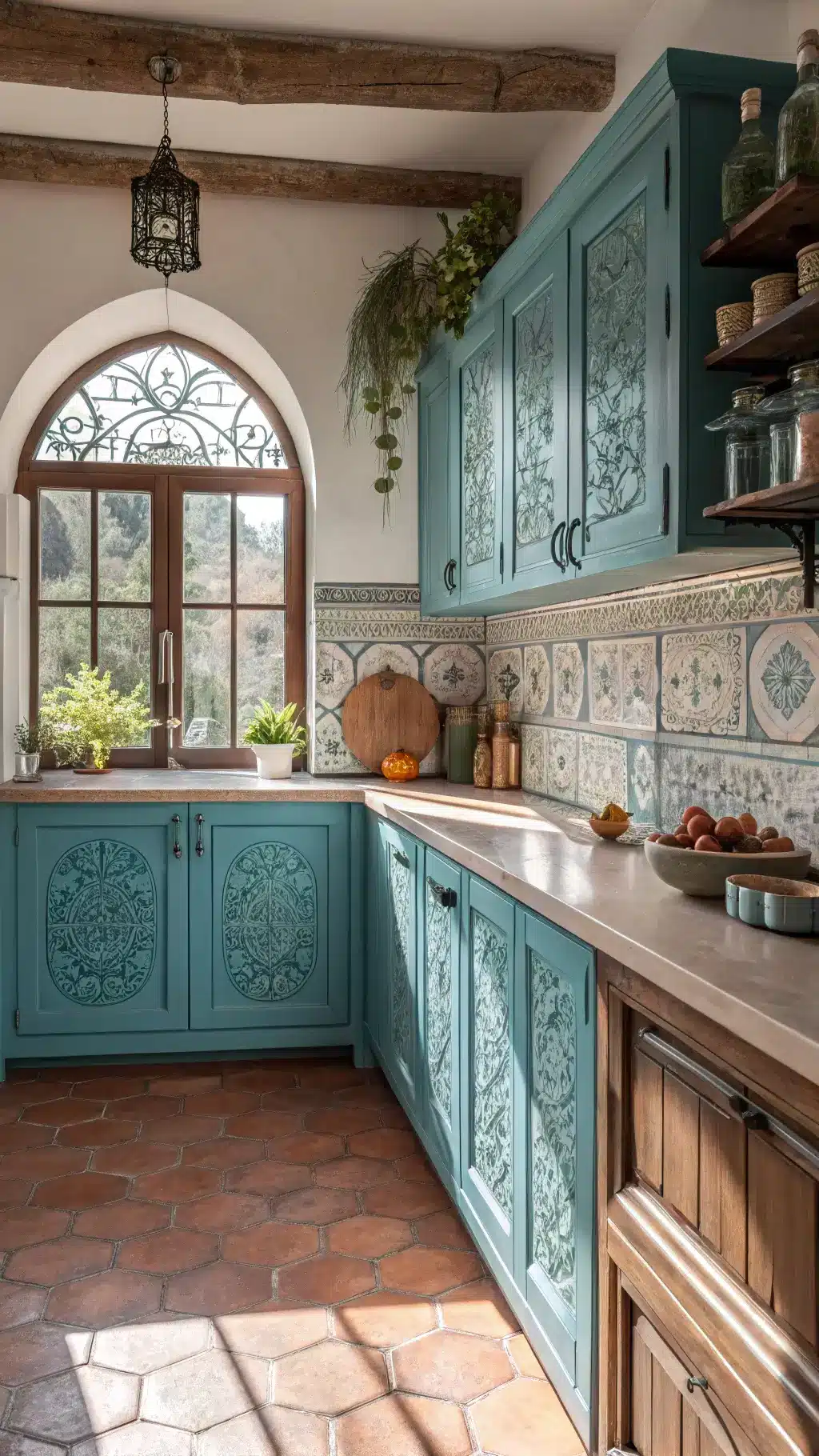 Bright Mediterranean-style kitchen with turquoise cabinets, handpainted tile backsplash, arched window above copper sink, hanging herb jars, and terracotta floor tiles.
