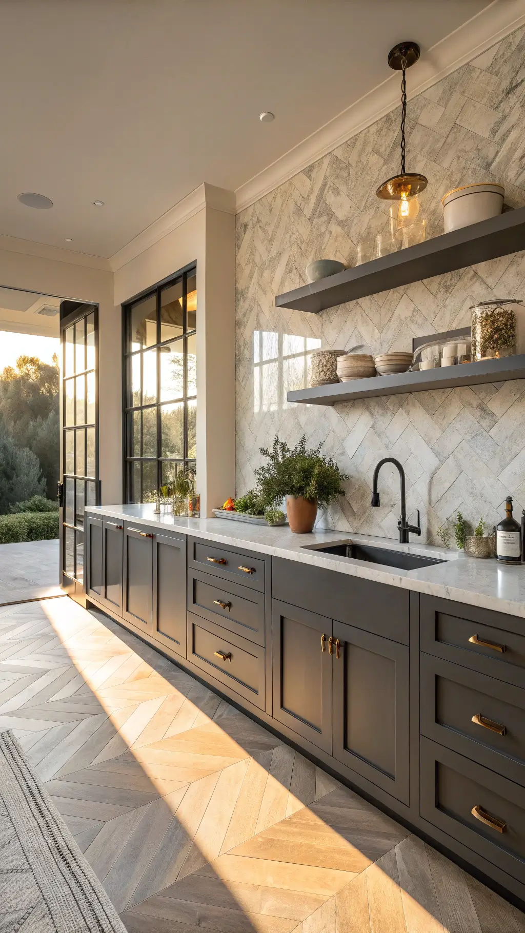 Sun-drenched transitional kitchen during golden hour featuring charcoal cabinets, marble herringbone backsplash, and white oak open shelving with a wide angle shot from the entrance.