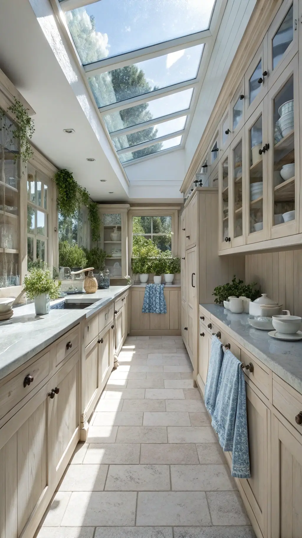 Bright and airy 16x8ft galley kitchen with skylight, whitewashed pine cabinets with glass knobs, open shelving displaying white pottery and glass canisters, fresh potted herbs on windowsill, and pale blue textiles.