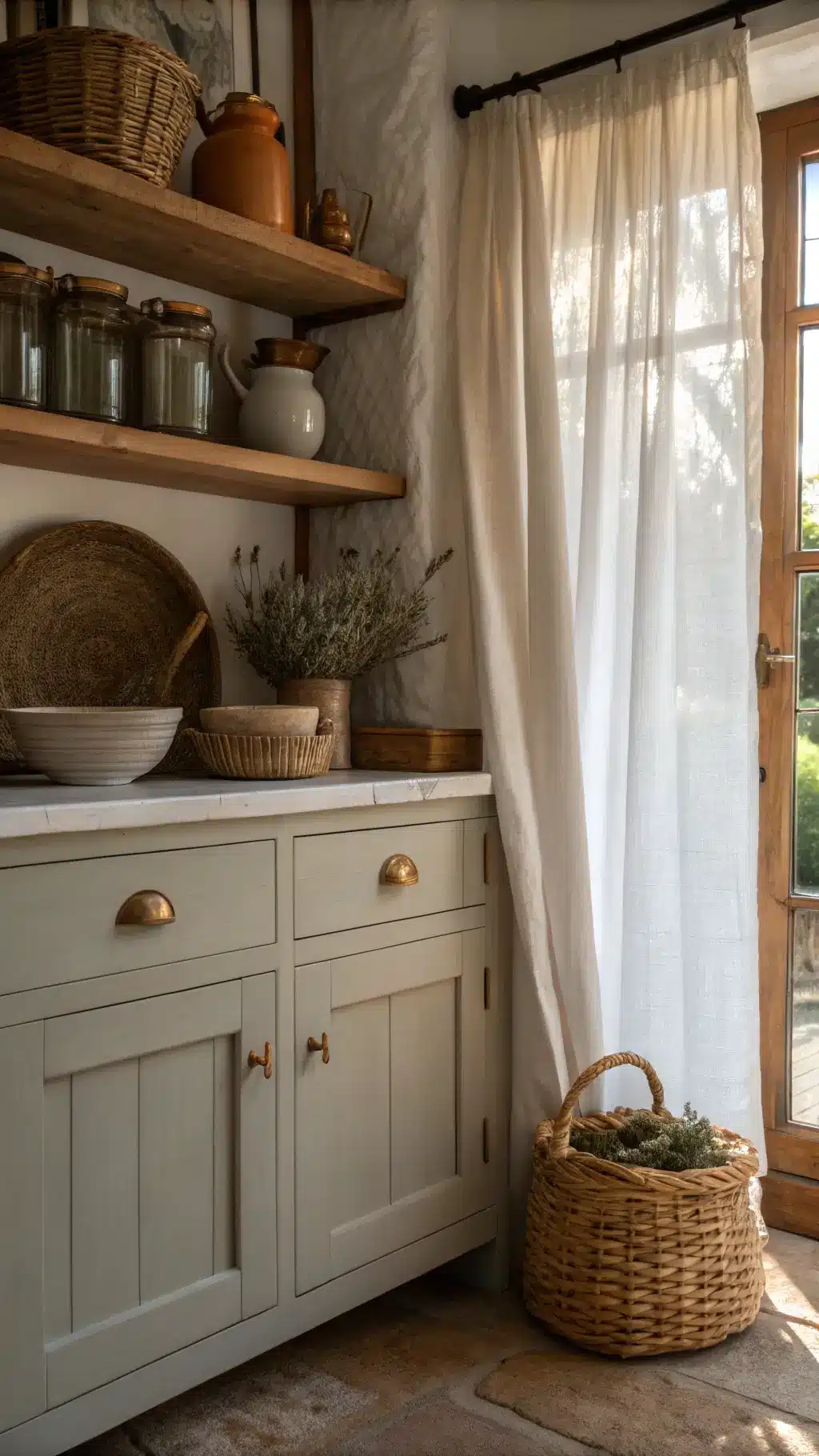 Corner kitchen vignette at dawn with soft light filtering through linen curtains, showcasing clary sage lower cabinets with brass pulls and cream open shelving styled with earthenware, dried eucalyptus, and woven baskets, against the backdrop of wooden beams and limestone countertops.