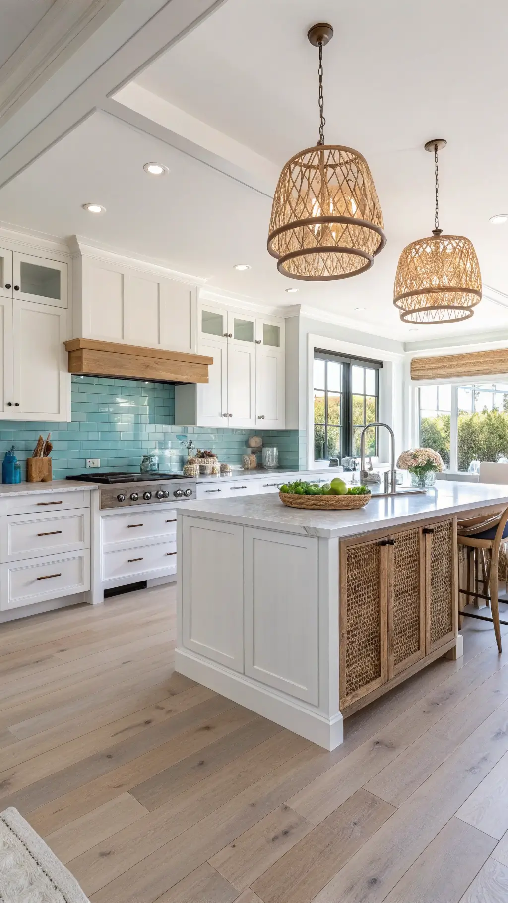 Bright and spacious Coastal Chic Kitchen with white Shaker-style cabinets, sea glass backsplash, and bleached oak floors, styled with blue accents, rattan pendant lights and natural elements during a sunny afternoon.