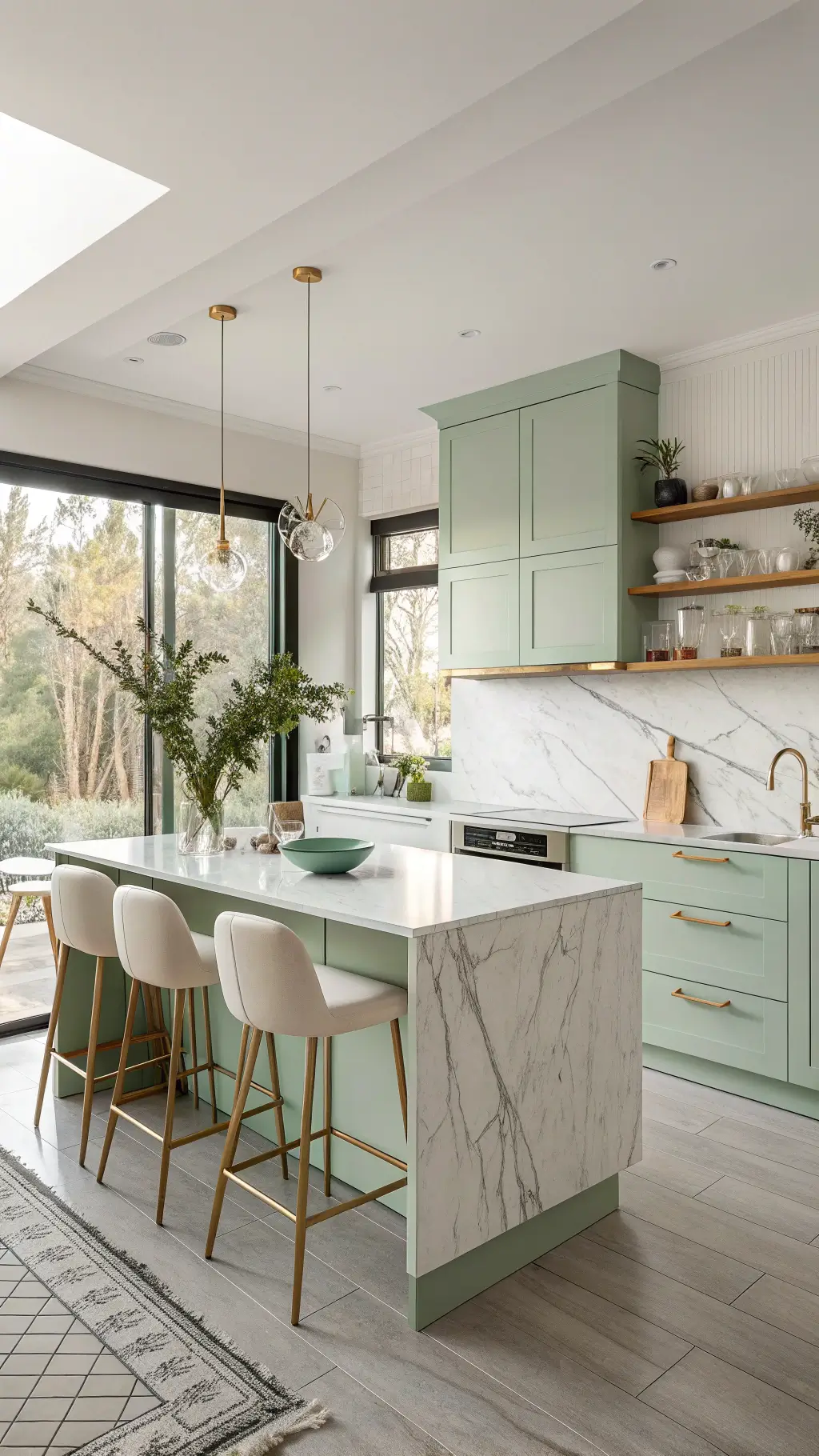 Sunlit modern mint green kitchen with brass-pulled sage cabinets...