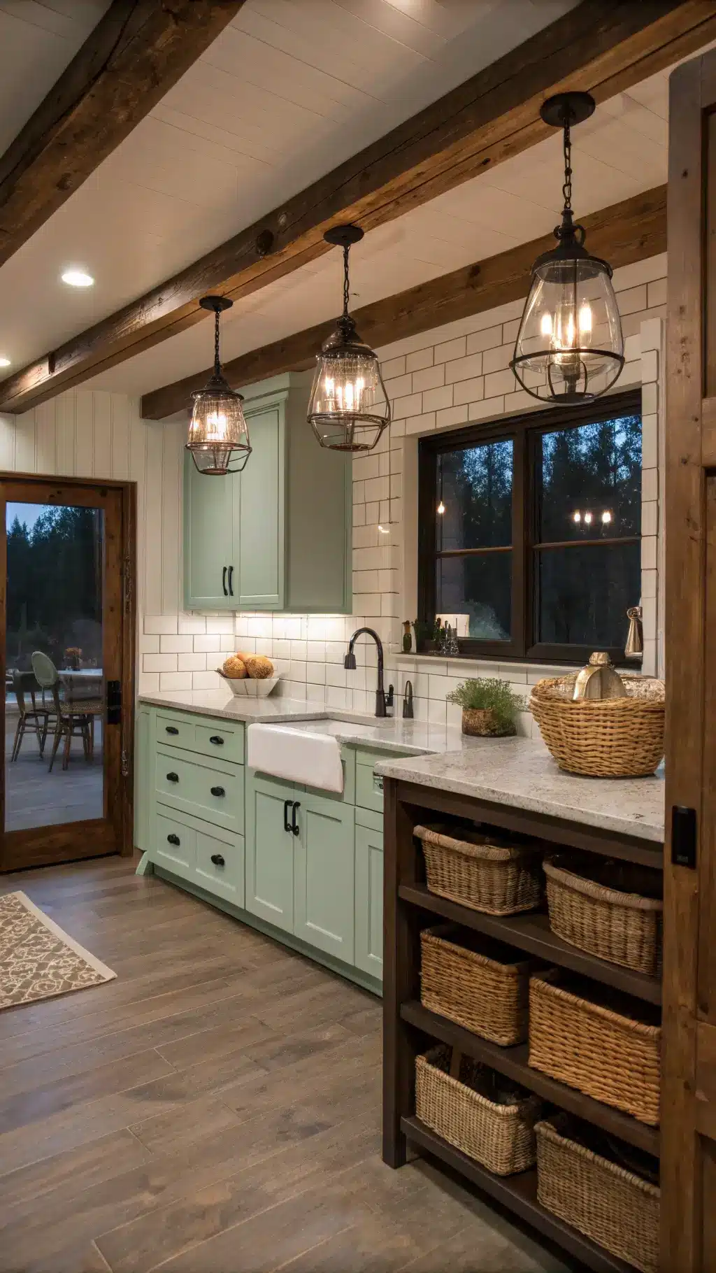 Cozy farmhouse kitchen at dusk, featuring mint green cabinets...