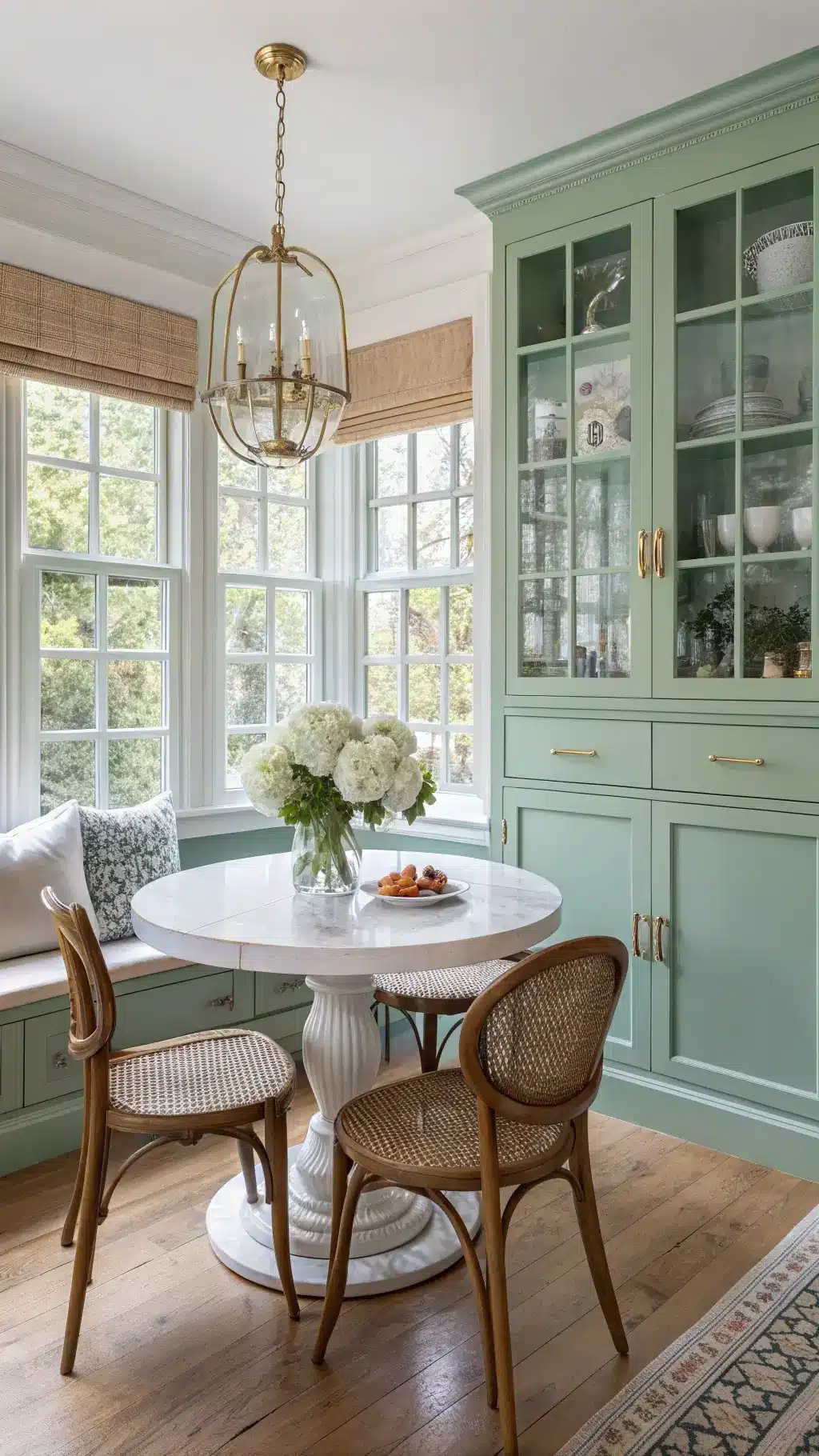 High angle view of a sunlit, modern English cottage style breakfast nook...