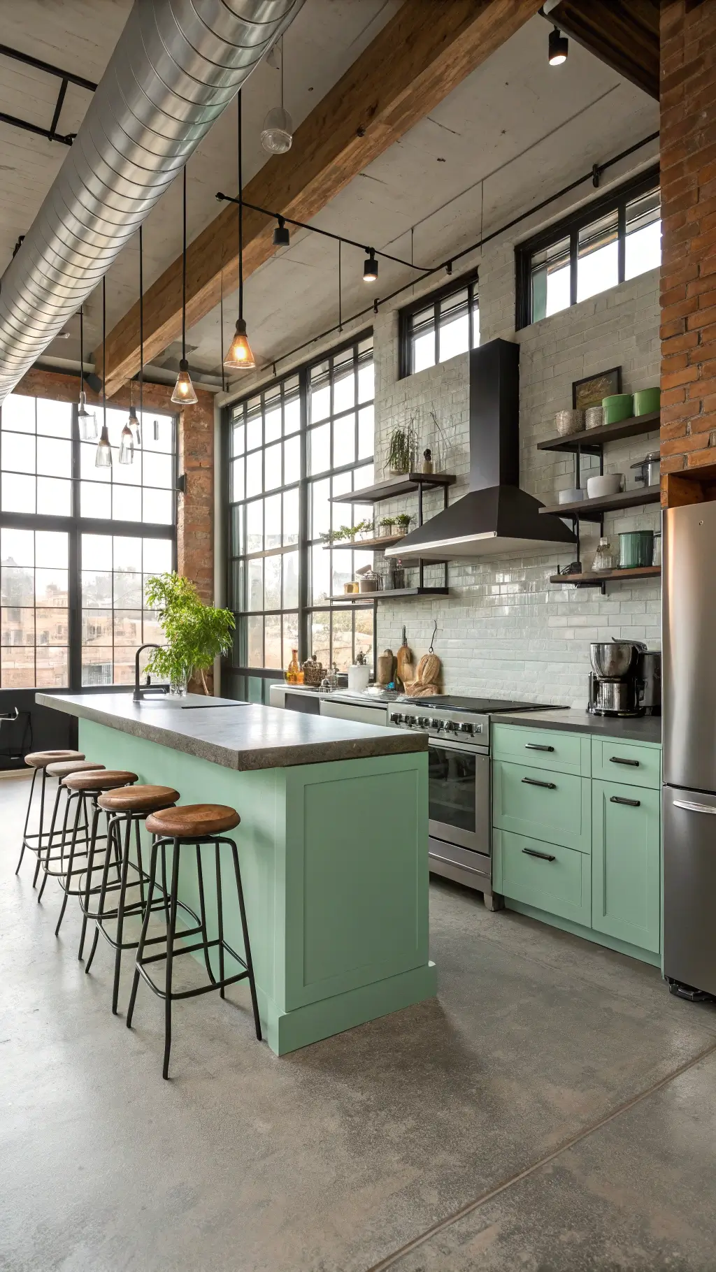 Loft kitchen with mint green metal cabinets...