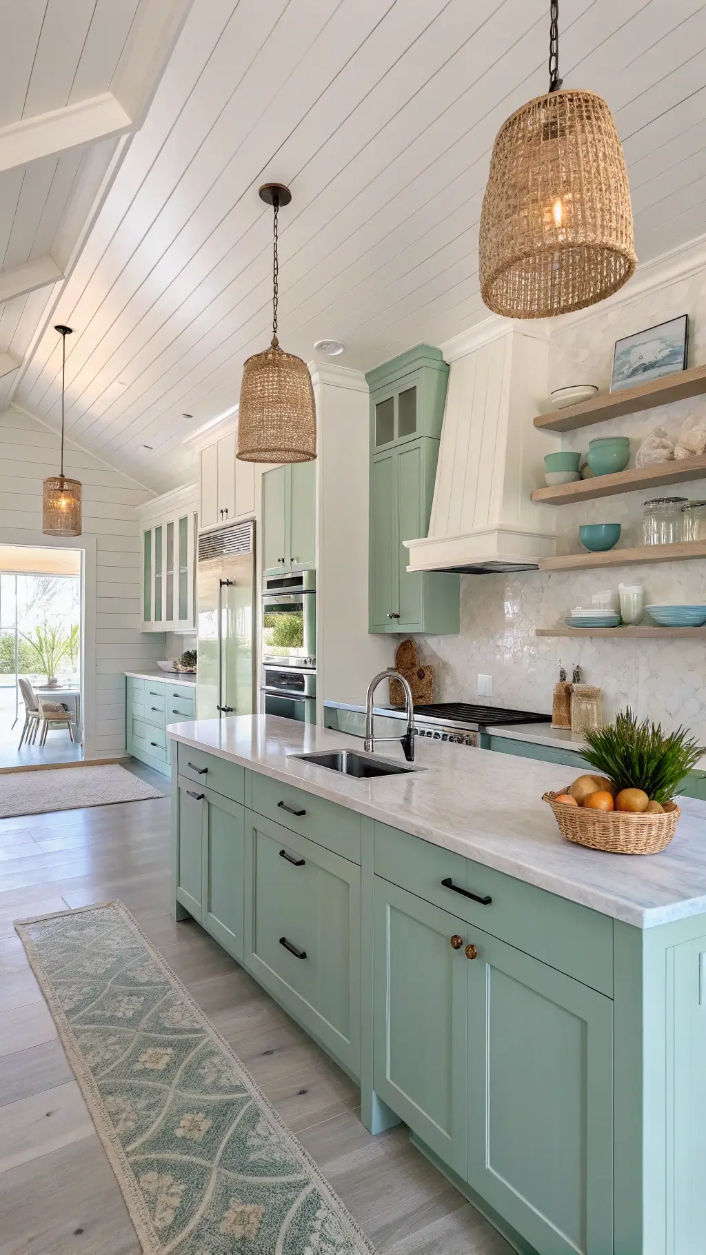Bright coastal kitchen with mint green and white cabinets...