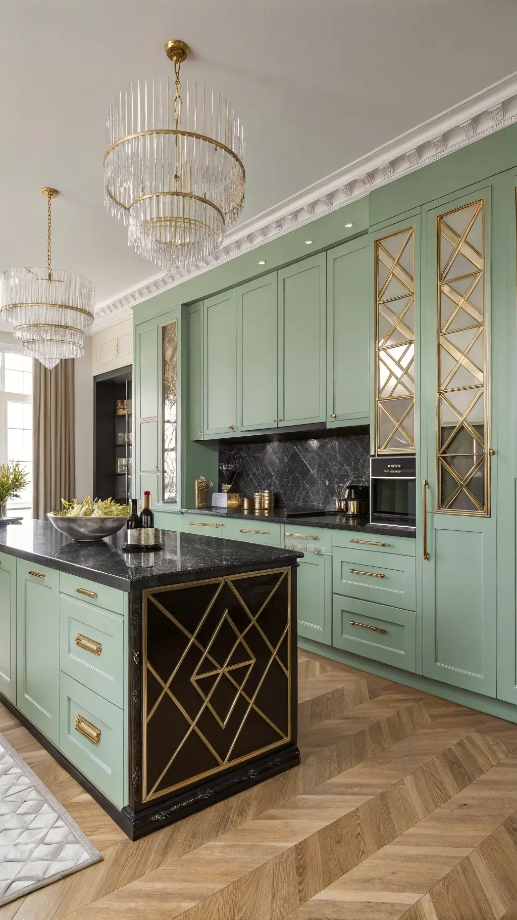 Art deco kitchen with mint green lacquered cabinets...