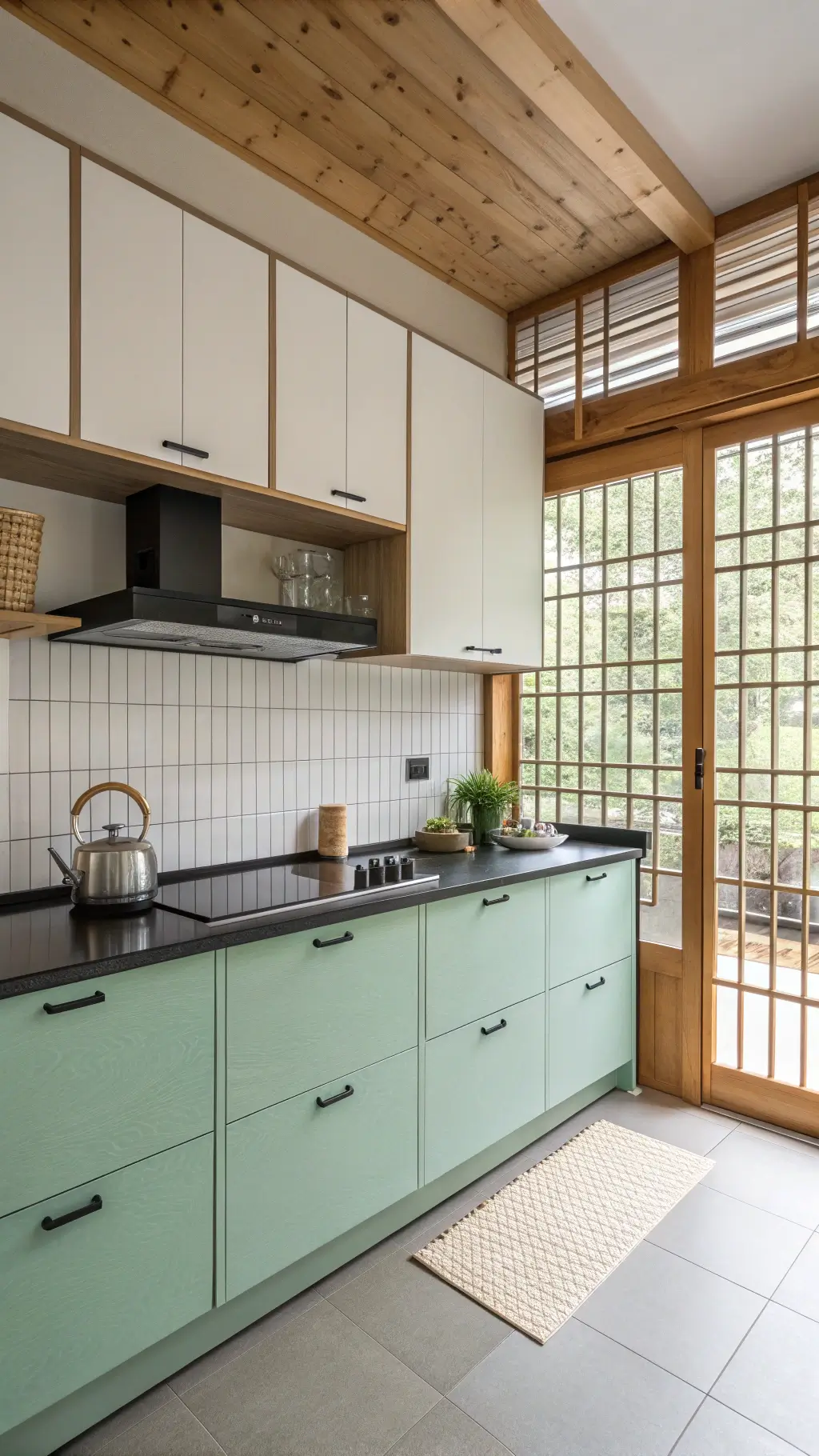 Japanese minimalist kitchen with mint green cabinets...