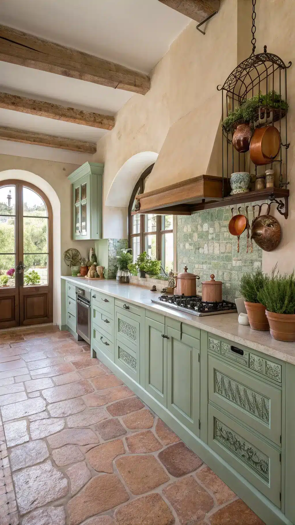 Rustic Mediterranean villa kitchen featuring mint green distressed cabinets...