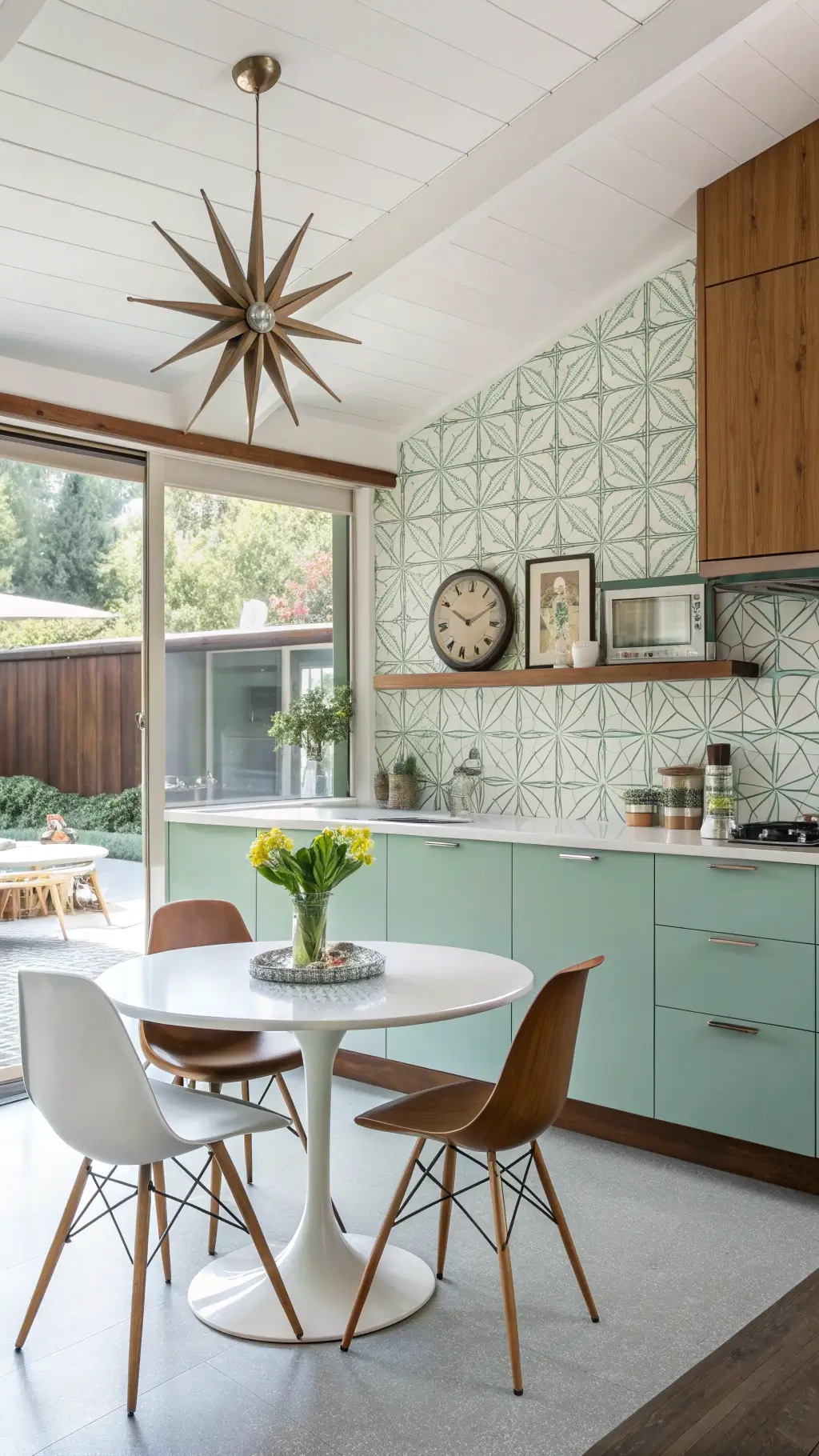 Mid-century modern kitchen with mint green cabinets...